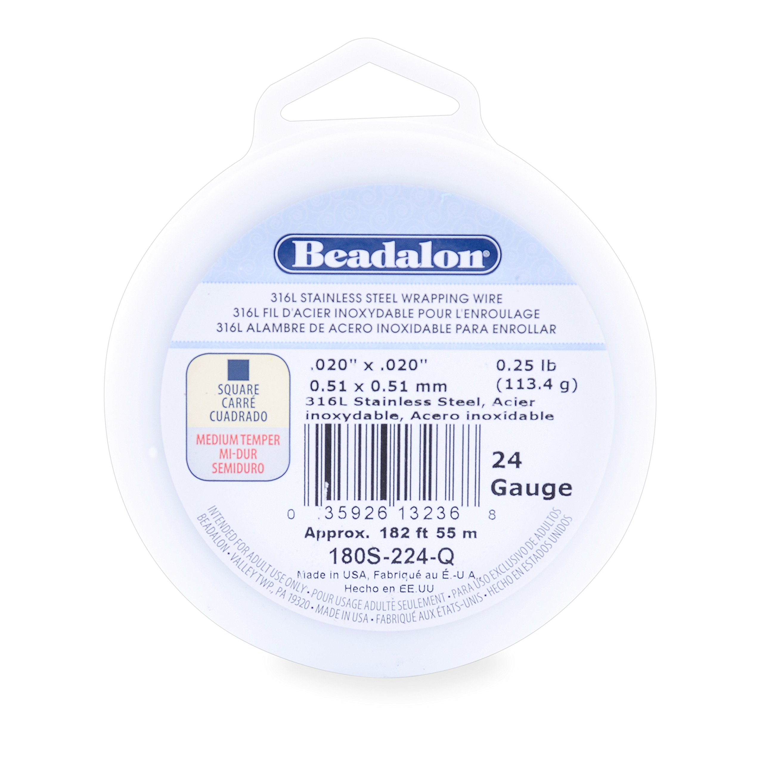 Beadalon Filo di Acciaio Inossidabile 316L, Metri, Quadrato, 24 Gauge, 182 Feet, 1/1,8 Kilogram