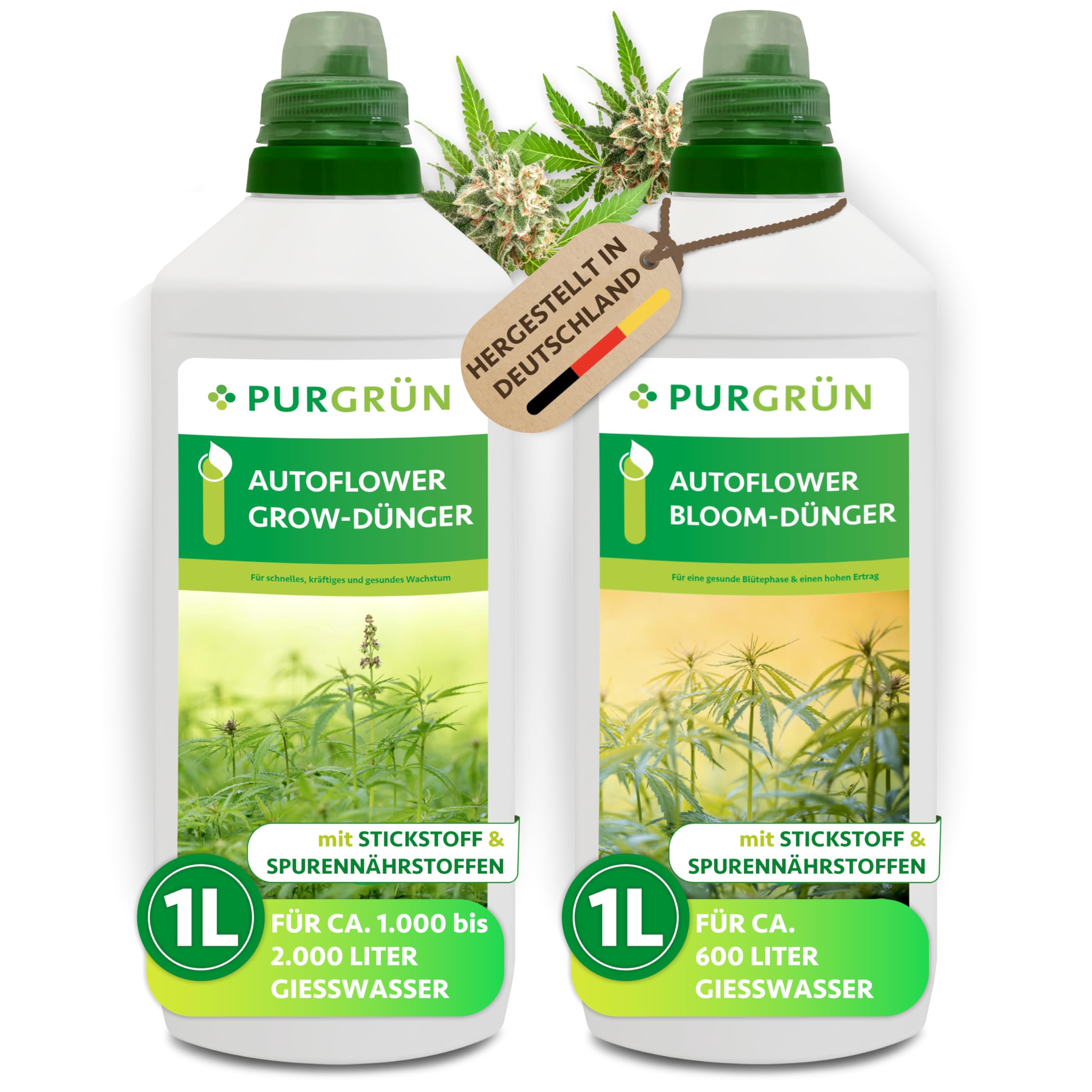 Autoflower-Dünger-Set 2 x 1 Liter – Schnell wirksame mineralische Rezeptur – Vollspektrum-Nährstoffe für Wachstum & Blüte – Flüssigdünger Indoor & Outdoor – Für eine ertragreiche Ernte