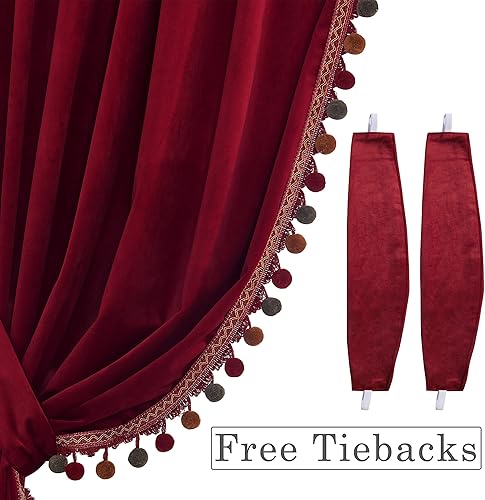 Miniatura 3 de StangH Cortinas de terciopelo con pompones rojos de lujo, decoración del hogar navideña, con aislamiento térmico, para oscurecer la habitación, para