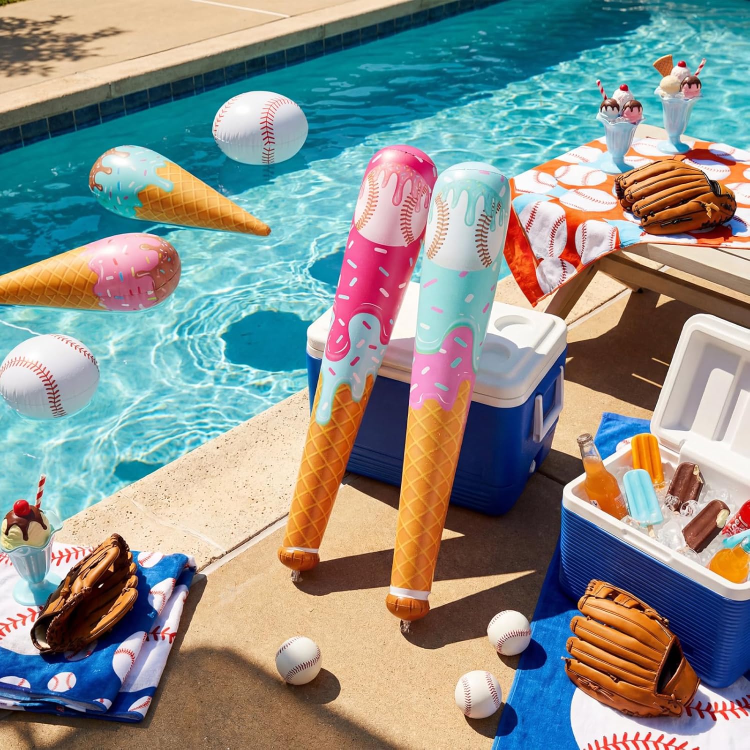 Hollowfly 12 Pcs Inflatable Ice Cream Drip Baseball Bat 22 Inch Baseball Drip Birthday Party Decorations Inflate Bat Set for Ice Cream Sports Summer Pool Beach Party Favors Birthday Supplies