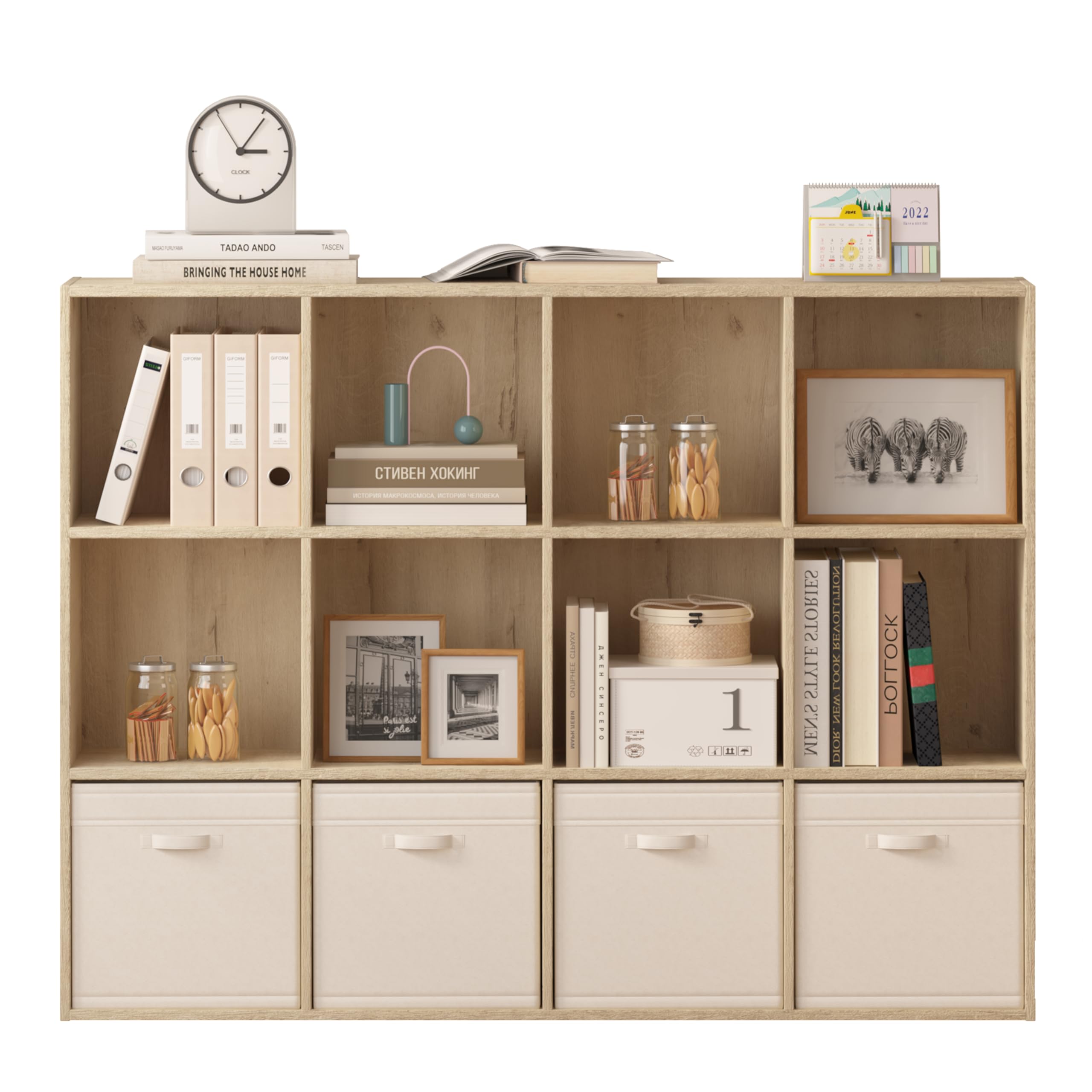 12 Cube Storage Organizer, Wooden Cube Shelves with Closed Back Panel, Jpiziso, White Oak