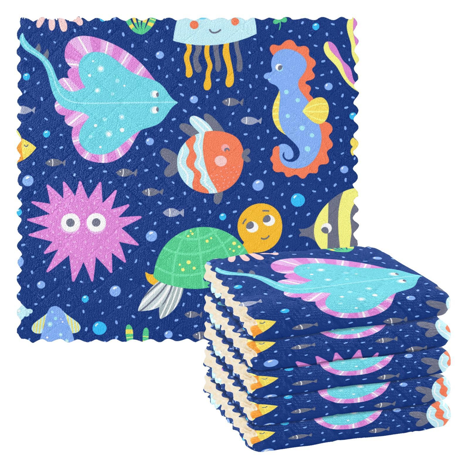 FRODOTGV Sea Animals and Ocean Creatures Blue Dish Clothes For Washing Dishes French Decor Kitchen Tea Towels Terry Cloth Hand Towels Kitchen Towels Hand Towels 11x11in