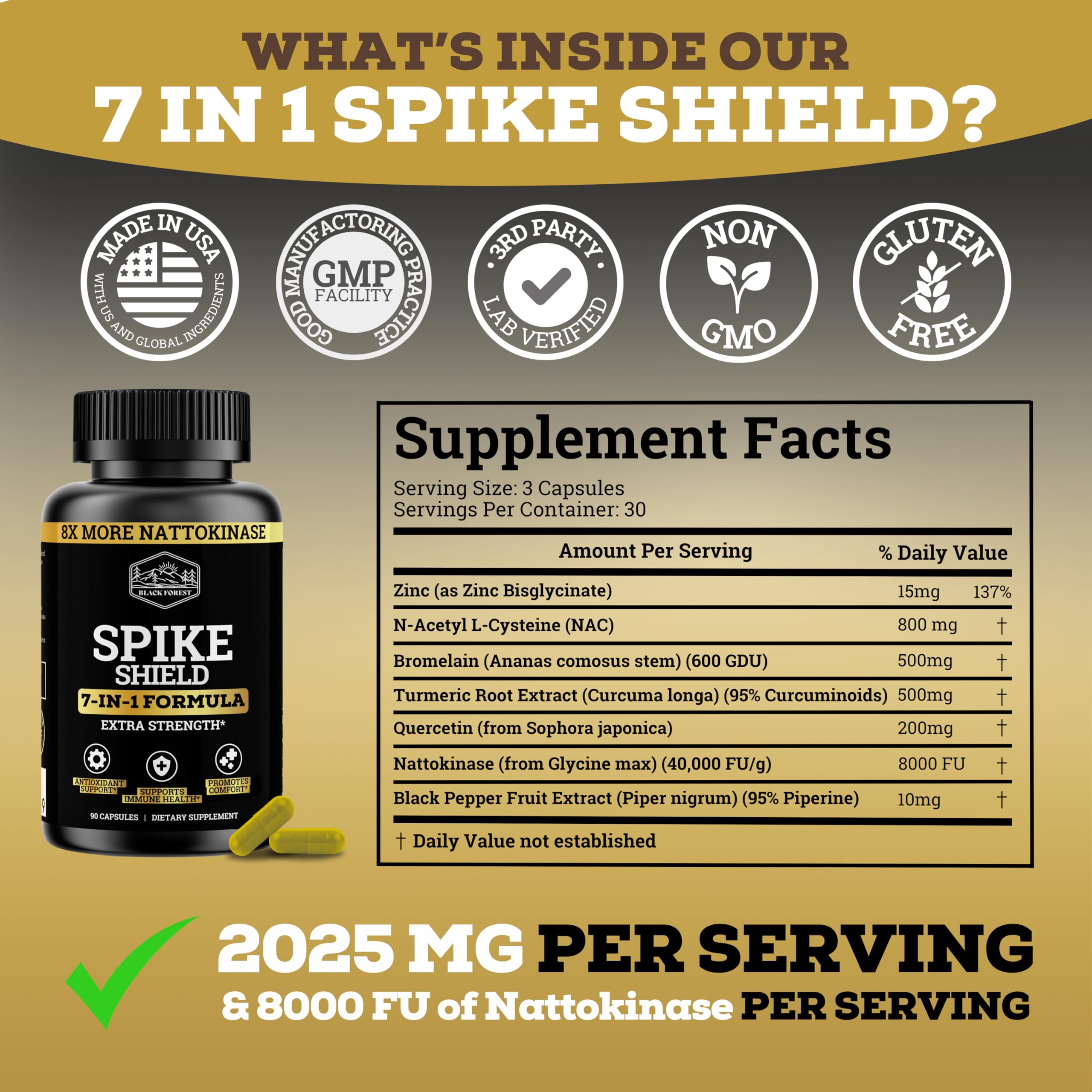 Black Forest Spike Shield 7-In-1 Formula Wellness Supplement – Nattokinase 8000 FU, Bromelain 500mg, Curcumin, Quercetin, NAC, Zinc – Comfort & Antioxidant Support – Non-GMO, Gluten-Free – 90 Capsules — Amazon image 7