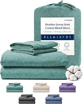 Ella Jayne Twin Jersey Sheet Sets 4 Pieces All Seasons, Wrinkle Resistant, Cozy Stretchable Knit T-Shirt, Super Soft with Deep Pockets Jersey Sheets Twin Heather Green