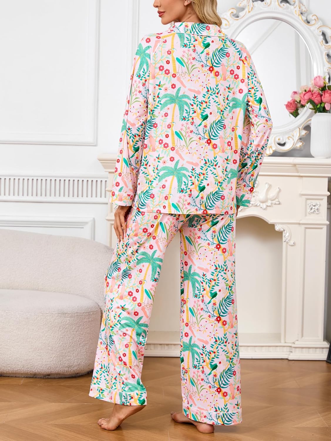 iChunhua Women's Pajamas Set Long Sleeve Sleepwear Soft Button Down Loungewear Nightwear Wide Leg Pjs Set - Image 5