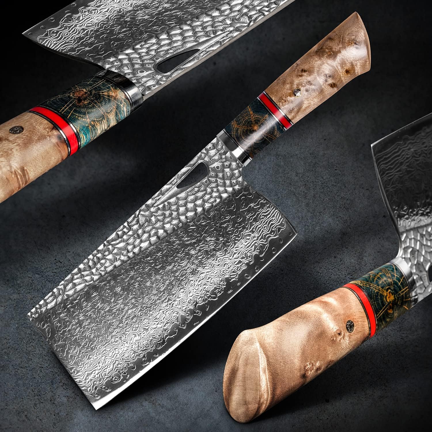 Damascus Kitchen Chinese Cleaver,7.5in Professional Handmade Chopping Chopper Knives with Burl Stabilized Wood Handle for Meat and Vegetable in Home&Restaurant
