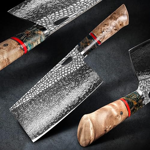 Miniatura 3 de Damascus Kitchen - Cuchillo chino de 7.5 pulgadas profesional hecho a mano con mango de madera estabilizado para carne y verduras en el hogar y