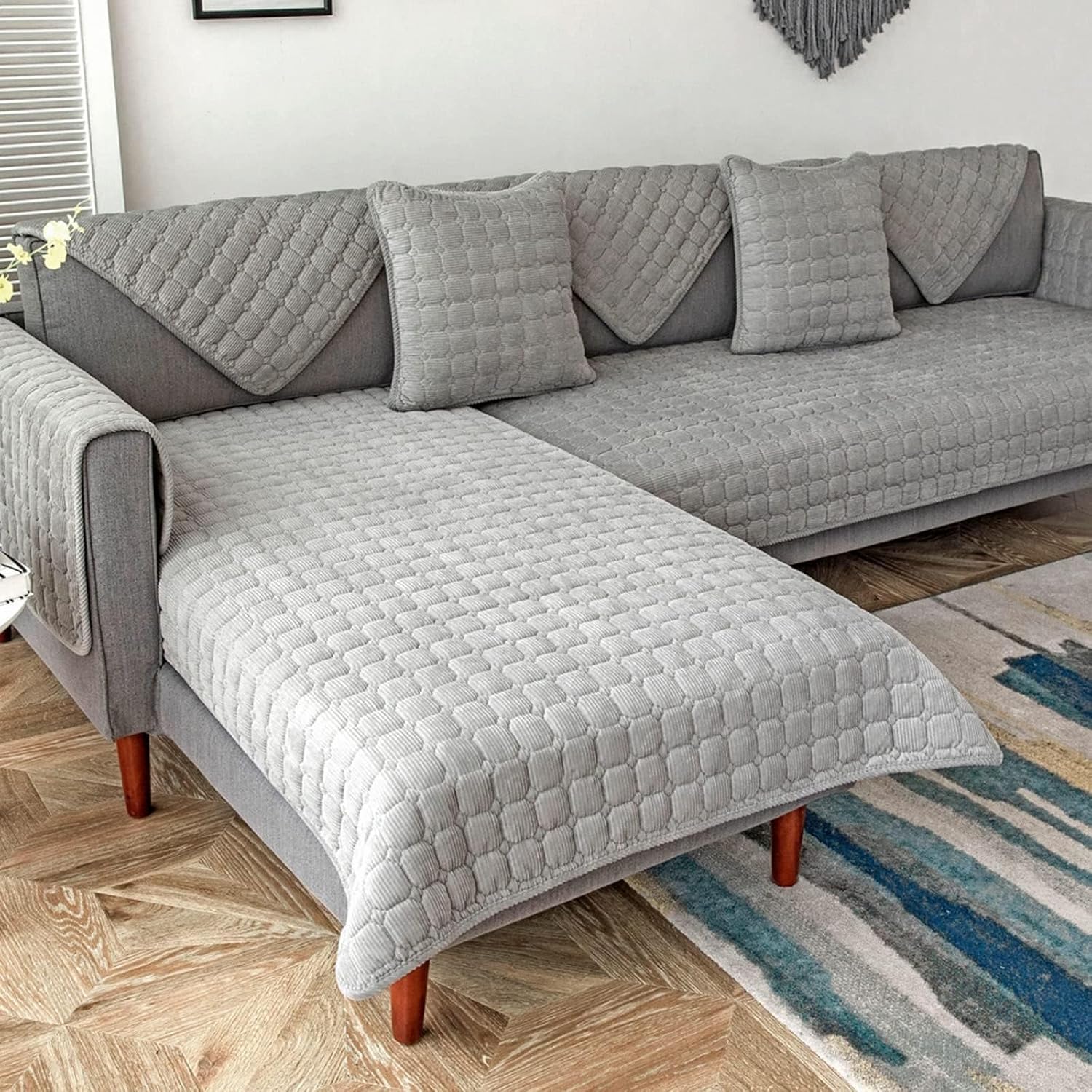 Konsilsa L-Shaped Sofa Cover for 1/2/3/4 Seater Couch Slipcover Thick Anti-Slip & Quilted Corners Reversible Machine Washable Sectional Sofa Protector(Gray,70x150cm)