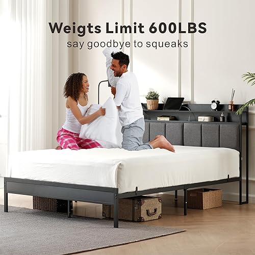 Miniatura 7 de Base de cama individual con cabecera de luces LED, base de cama híbrida de metal resistente, base de cama individual tapizada de madera con puertos