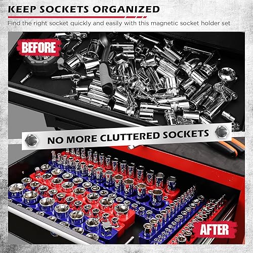 Miniatura 6 de Conjunto de organizador magnético de llaves de vaso de 12 piezas de 14" 38" 12"-Drive SAE y métrico (con capacidad para 143 llaves de vaso) -Bandeja