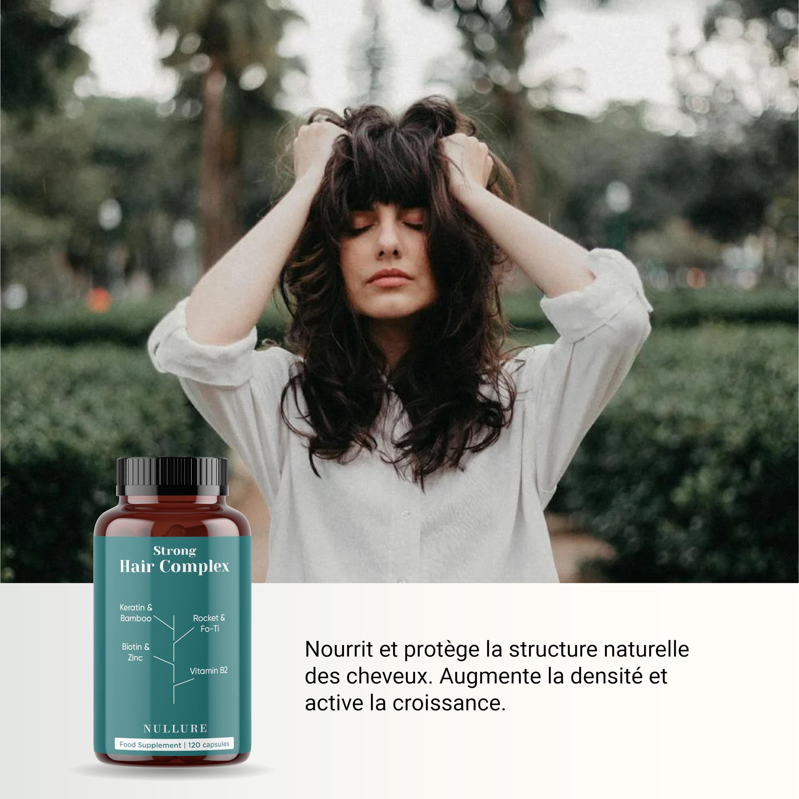 Nullure Formule Pousse Cheveux | Biotine + Kératine + Zinc + Fo Ti + Vitamine B2 + Bambou + Roquette | Complement Alimentaire | Biotine Cheveux Pousse Rapide - Sans Excipient |120 gélules (2 mois)