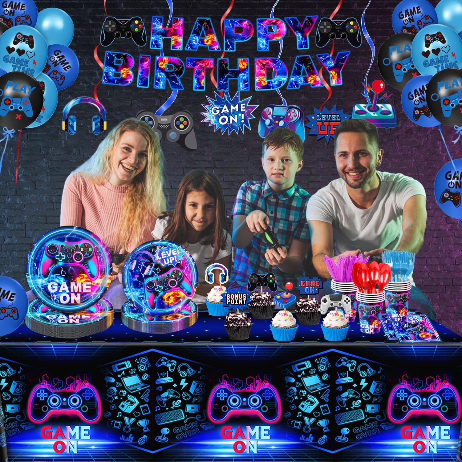LINHAXM Video Game Birthday Decorations Includes Plates, Napkins, Cups, Cutlery, Cake & Cupcake Toppers, Banner, Hanging Swirls, Tablecloth, Balloons for Gamer Birthday Party Decorations, Serve 20