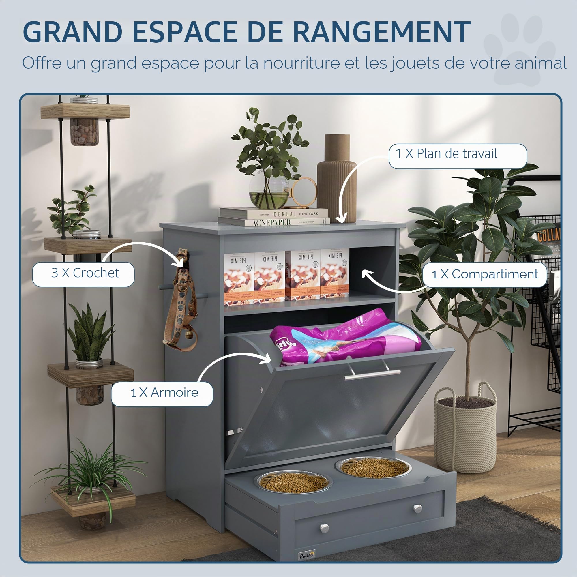 Station de mangeoire PawHut pour animaux de compagnie, contenant de rangement pour nourriture pour chien avec gamelles surélevées, crochet, pour nourriture et eau - Gris