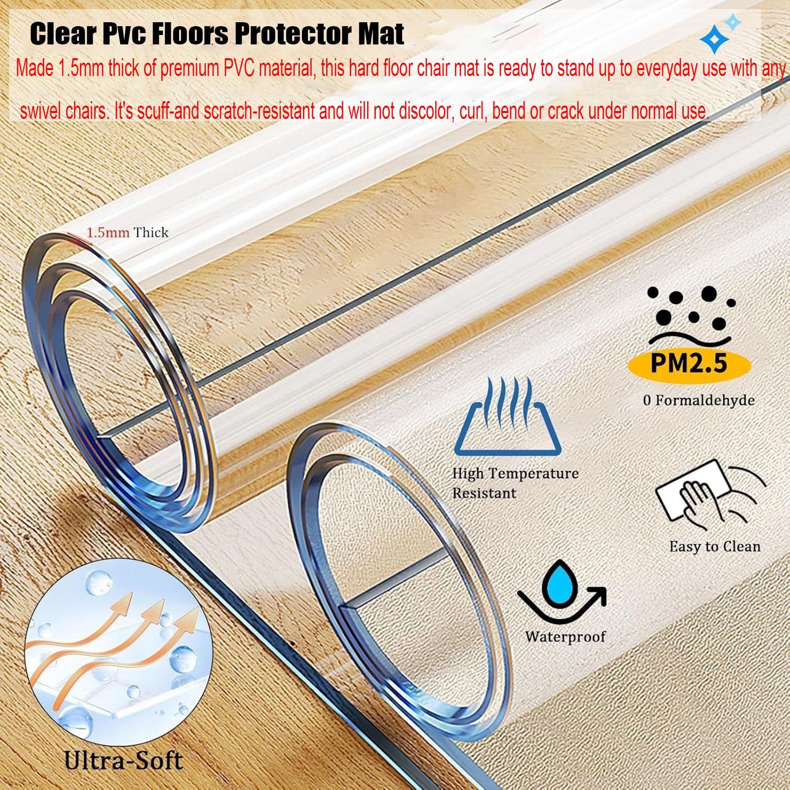 Transparente Läufermatte, „Rutschfester, transparenter Vinyl-Bodenläufer 12 Fuß – 2 x 12 Fuß großer Teppichschutz für Hartholzböden, Eingangsbereich und Wohnzimmer, zuschneidbare Kunststoff-