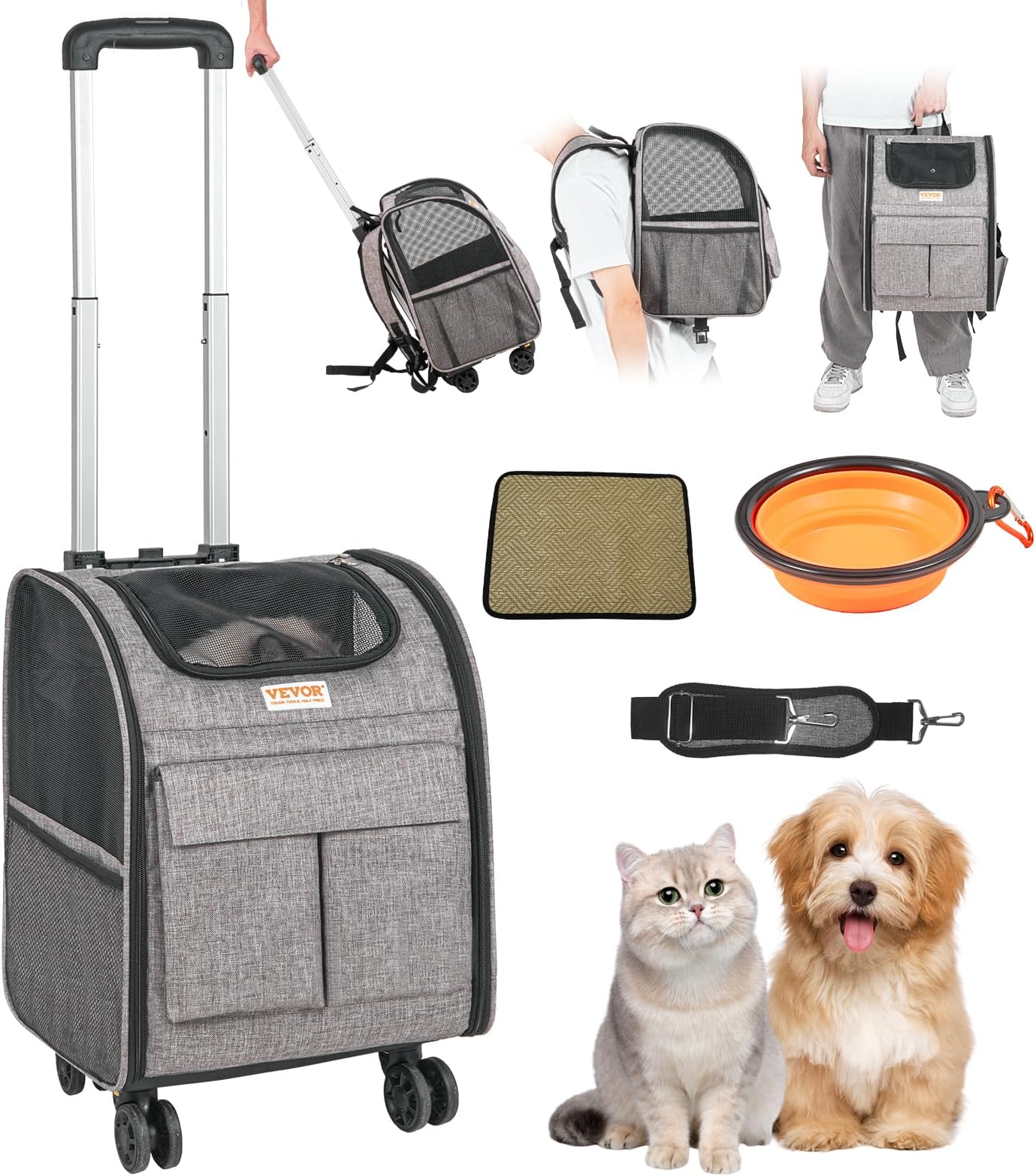 VEVOR Dog Backpack Carrier with Wheels, Rolling Cat Carrier
