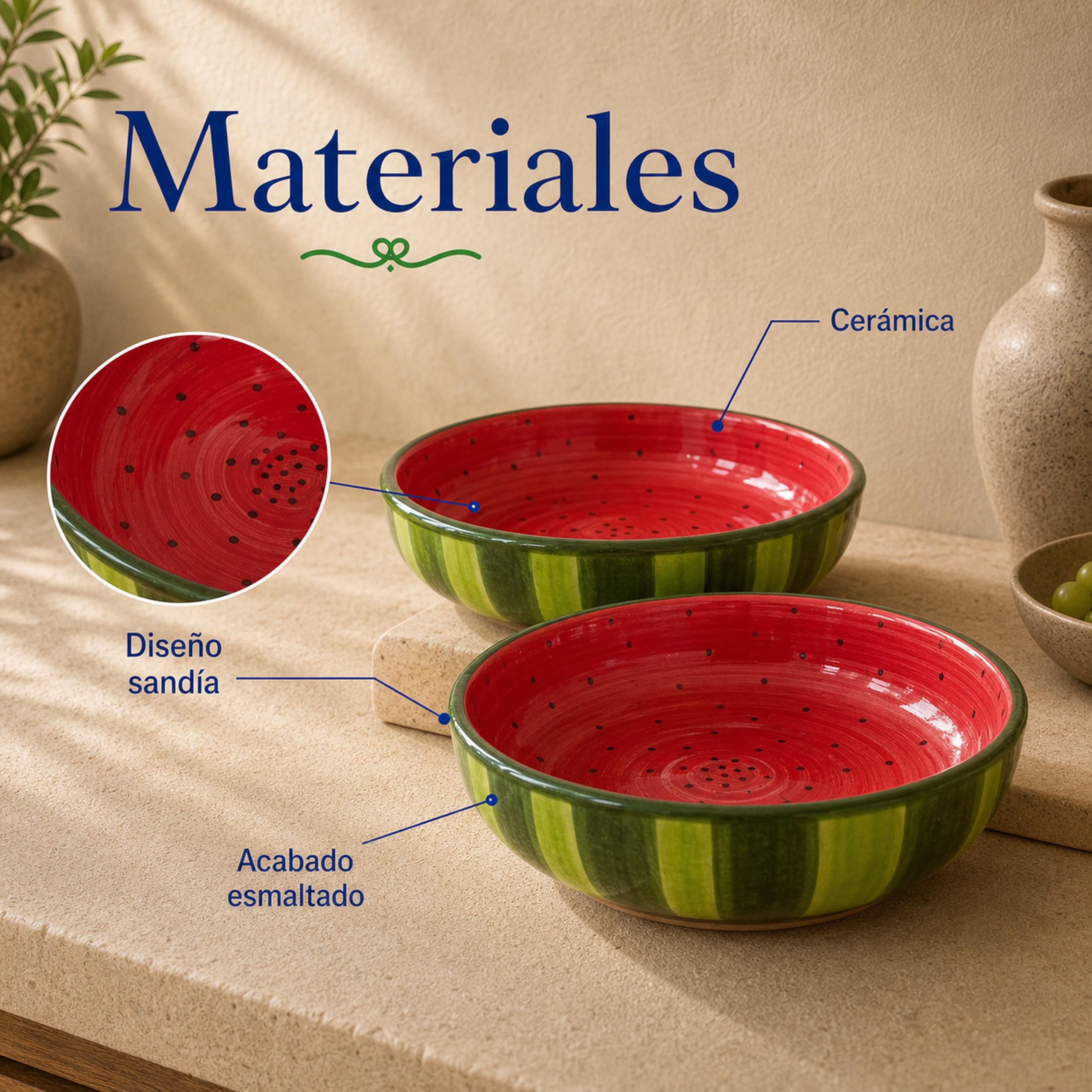 Ensaladera cerámica sandía pack de 2, bowl frutero 27 x 7,5 cm rojo verde para ensaladas y frutas