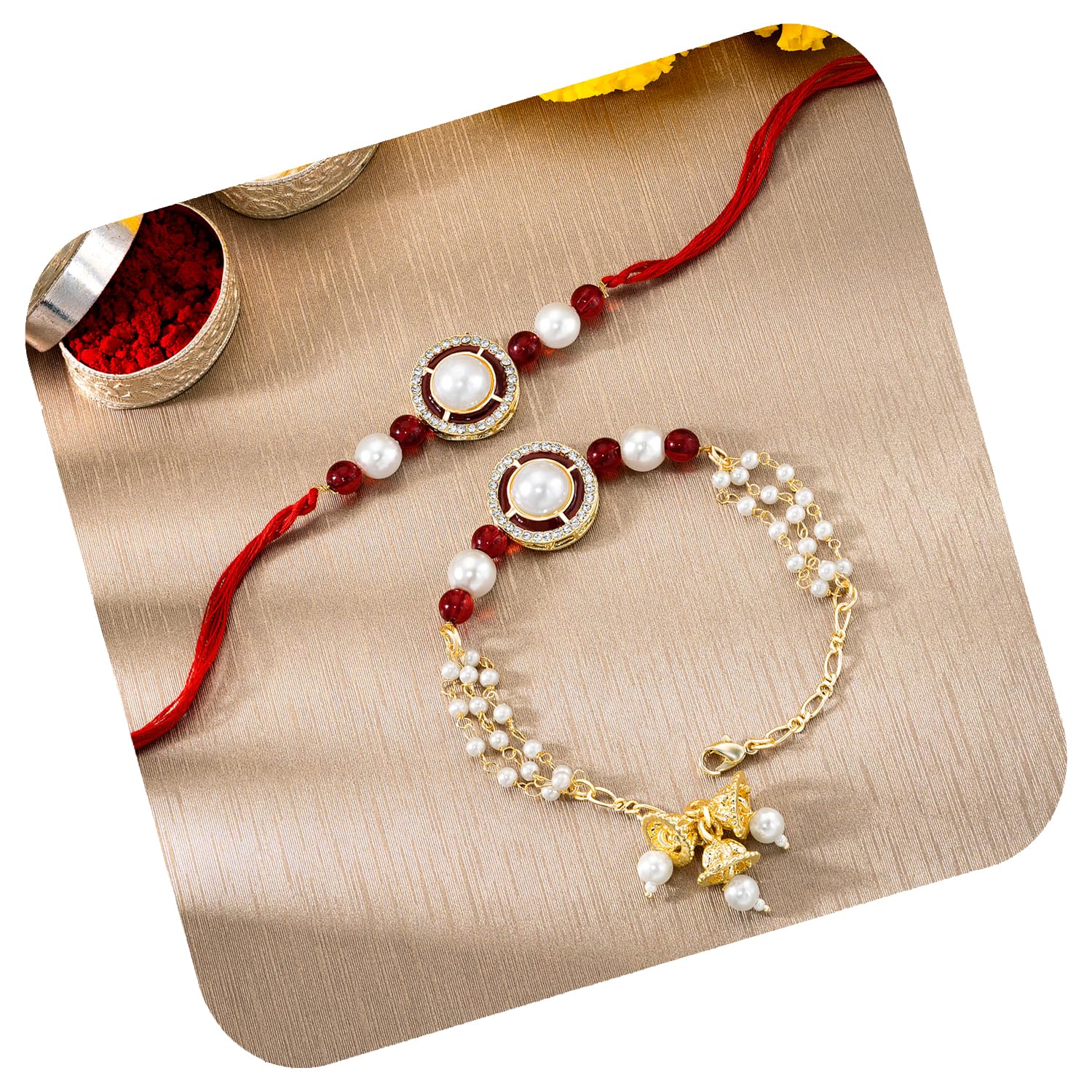 Kundan Pearl Crystal Stones Decorative Rakhi for Brother with Rakshabandhan Greeting Card for Boys Men-image-35