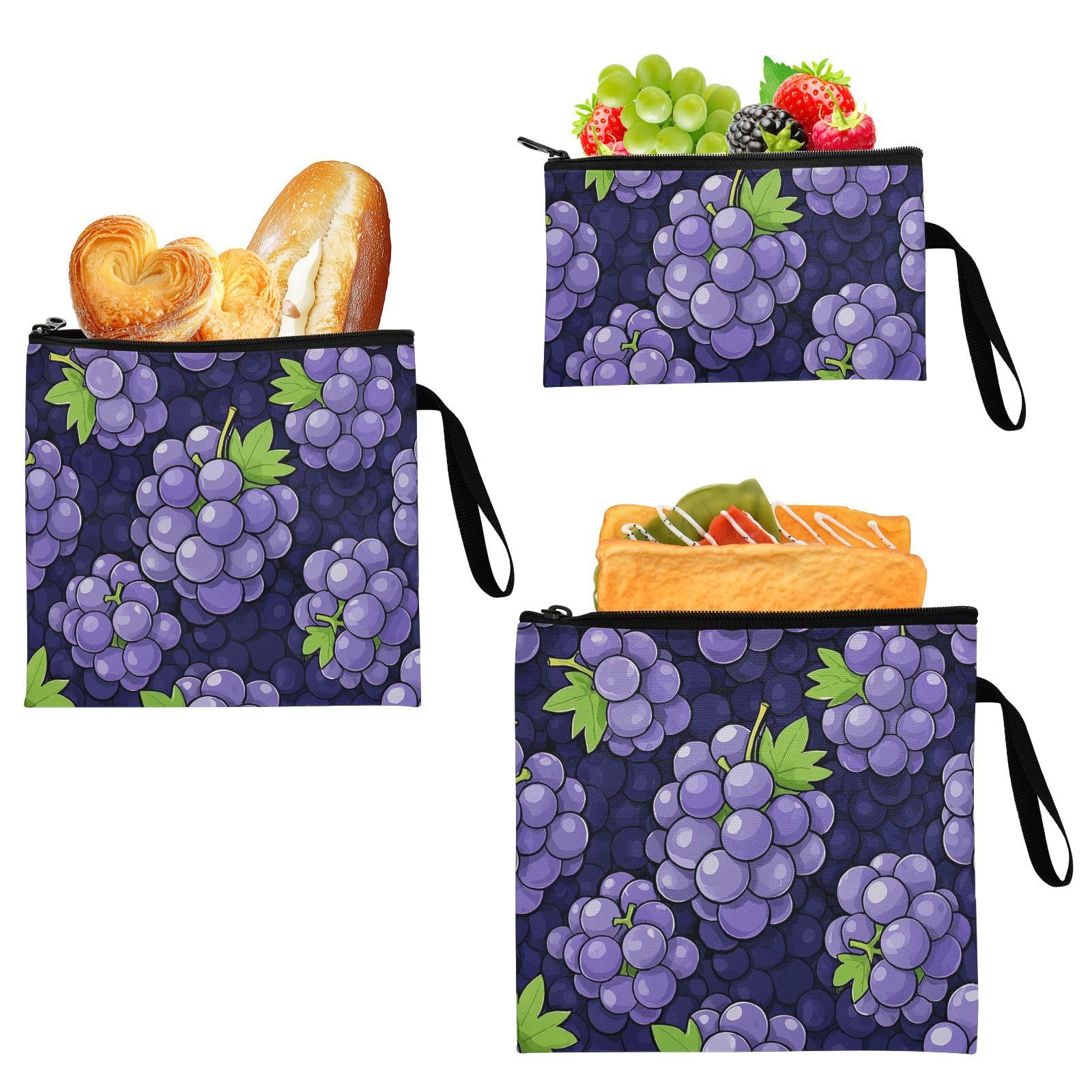 Yoogain Cute Cartoon Fruit Grapes 3 pack Reusable Snack Bags and Sandwich Bags Portable Emergency Snacks Makeup Bag for Candy, fruits, Cereal, Home Organization