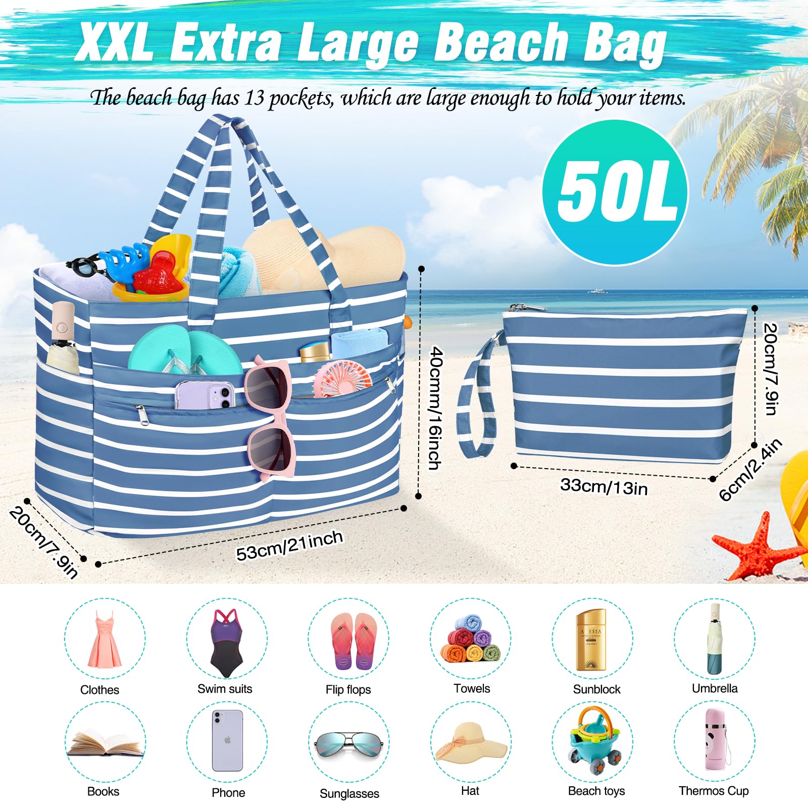 WACCET Borsa Mare Donna Grande, Borsa Spiaggia Donna Impermeabile con Zip Borse Mare Grande XXL Famiglia 50L Pieghevole Leggera Borse Beach Tote Bag per Spiaggia, Viaggio, Vacanza, Piscina