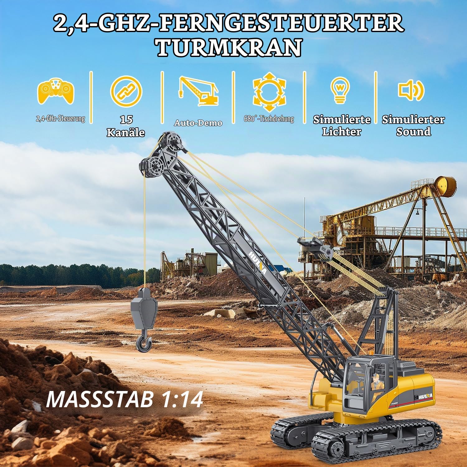 Remote Control Tower Crane Die Cast Truck Hoist Dragline 1:14 Scale 2.4GHz Remote Control Engineering Lift Model Truck Crawler Loader Excavator Bulldozer Construction Toy for Boys & Girls
