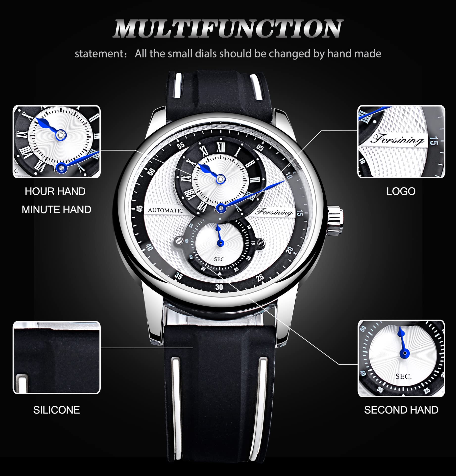 FORSINING Herren-Armbanduhr, automatisch, mechanisch, selbstaufziehend, Sport-Chronograph, Silikon-Armbanduhr für Herren, Mode, Business, wasserdicht