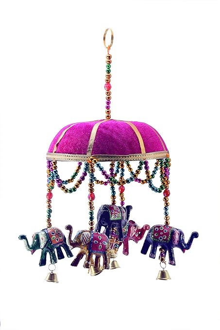 Pinkcity Handicraft Tokri Hanging with Bell and Elephant/Jhoomer/Latkan Wind Chimes Handicraft Decorative Showpiece Handcrafted (Pink)