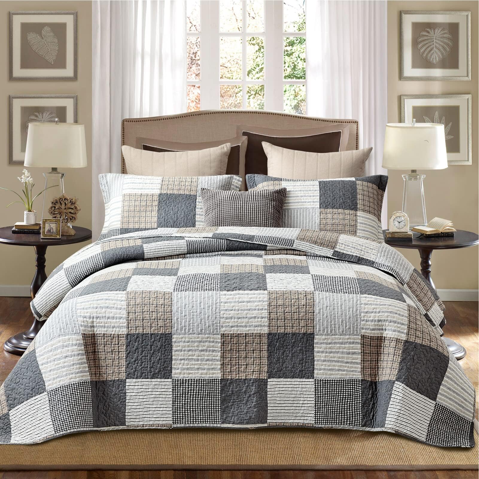 PANGUSHAN 100% Cotton Quilt Set Queen Size,Patchwork Plaid Bedding Set Bedspreads,Farmhouse Lightweight Comforter,Grey/Gray/Black/Tan/White/Cream Reversible Quilt for Queen Bed,3 Pieces