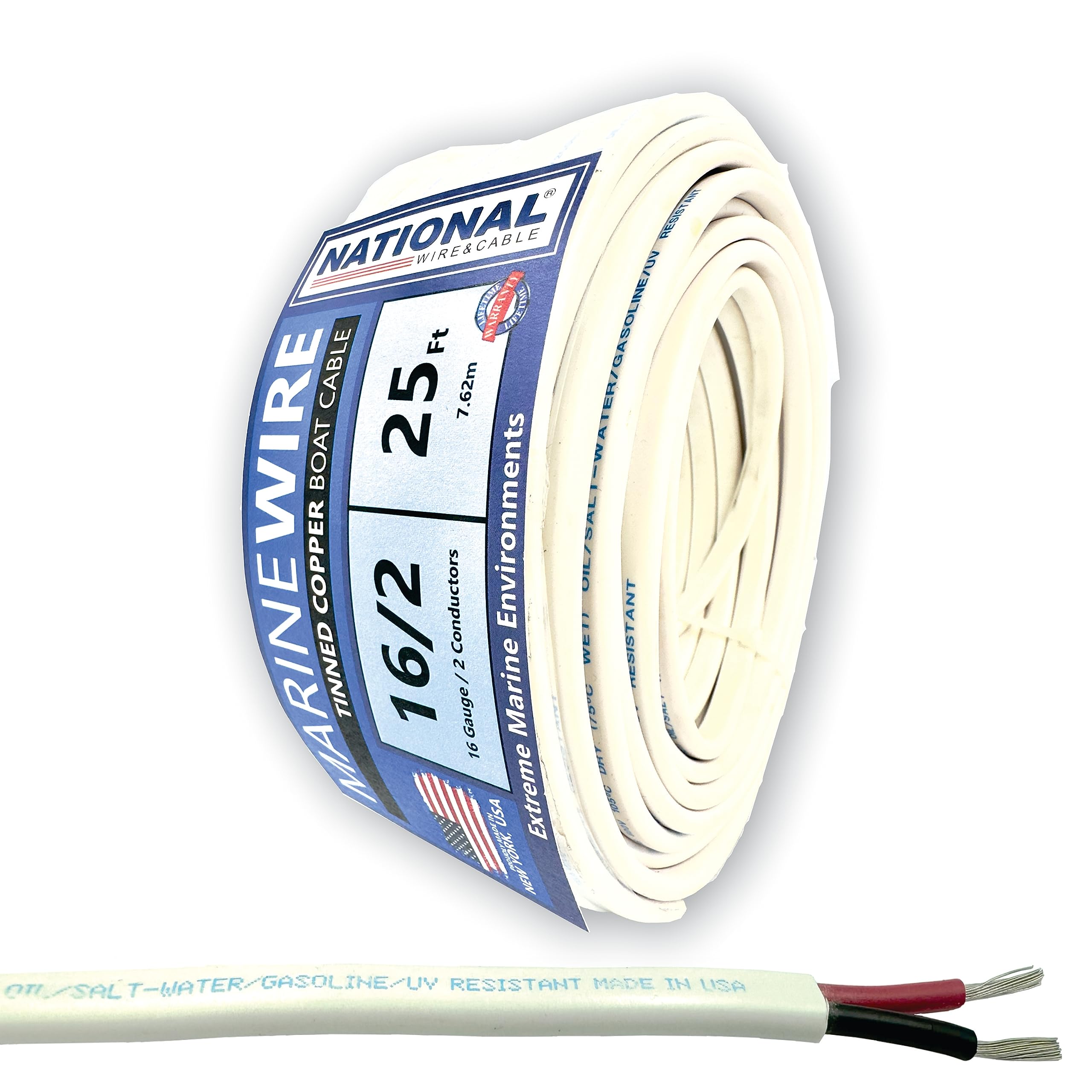 NATIONAL Wire&Cable 16/2 Marine Wire - 25 Ft - Made in USA - Tinned Copper Duplex Boat Wire - 16-Gauge 2-Conductor Shethed - Designed for Boat/Marine/