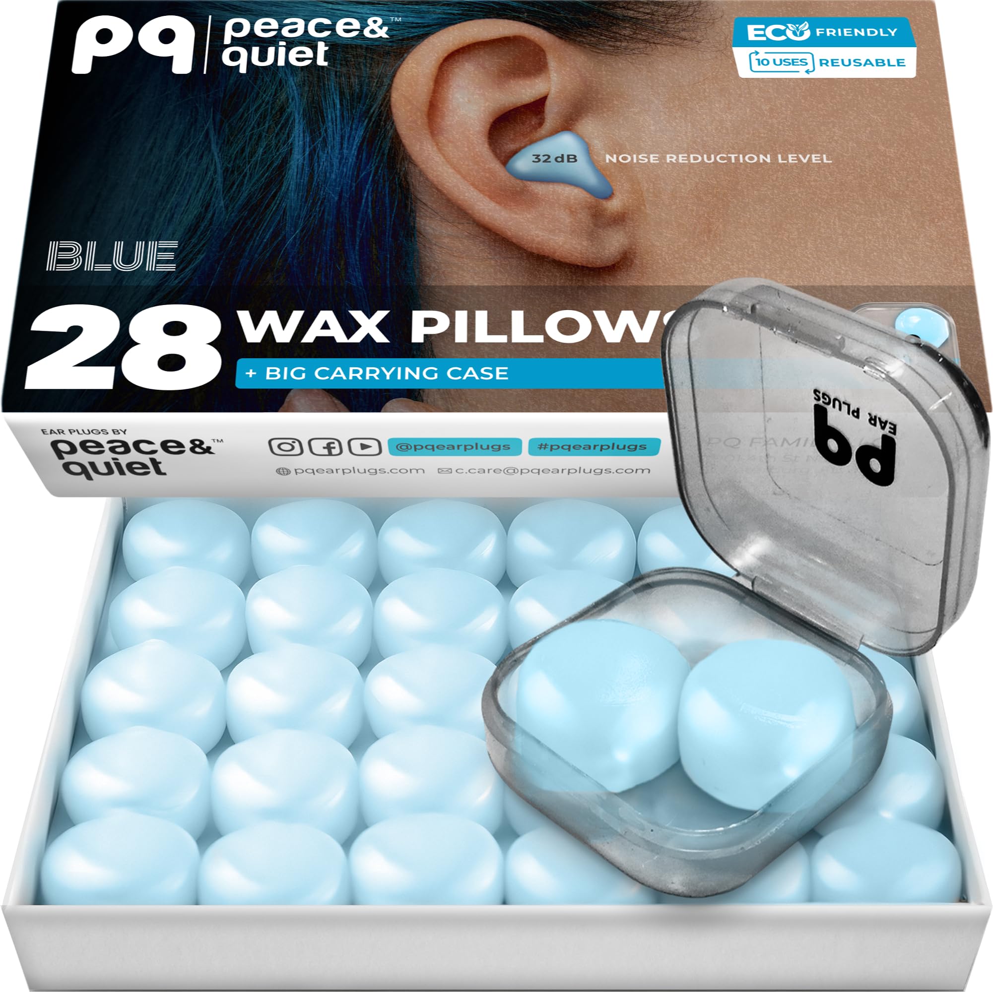 PQ Wax Ear Plugs for Sleeping - 28 Silicone Wax Earplugs for Sleeping and Swimming, Gel Ear Plugs for Noise Cancelling, Sleeping Earplugs, Sound Blocking Level of 32 Db (28 Pillows), Color: Blue