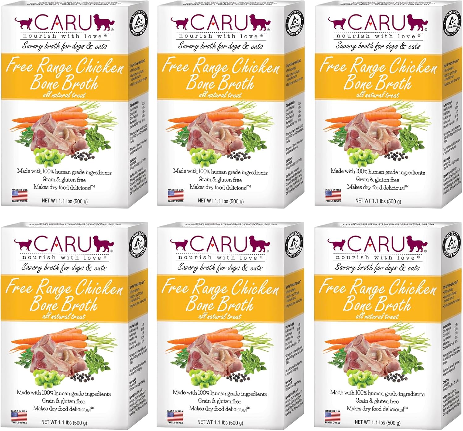 Caru - Classics Free Range Chicken Bone Broth - for Dogs & Cats - Supports Overall Pet Health - Pour-Over Broth for Wet/Dry Food - Human Grade Ingredients - Non-GMO - Made in USA - 17.6 oz - 6 Pack