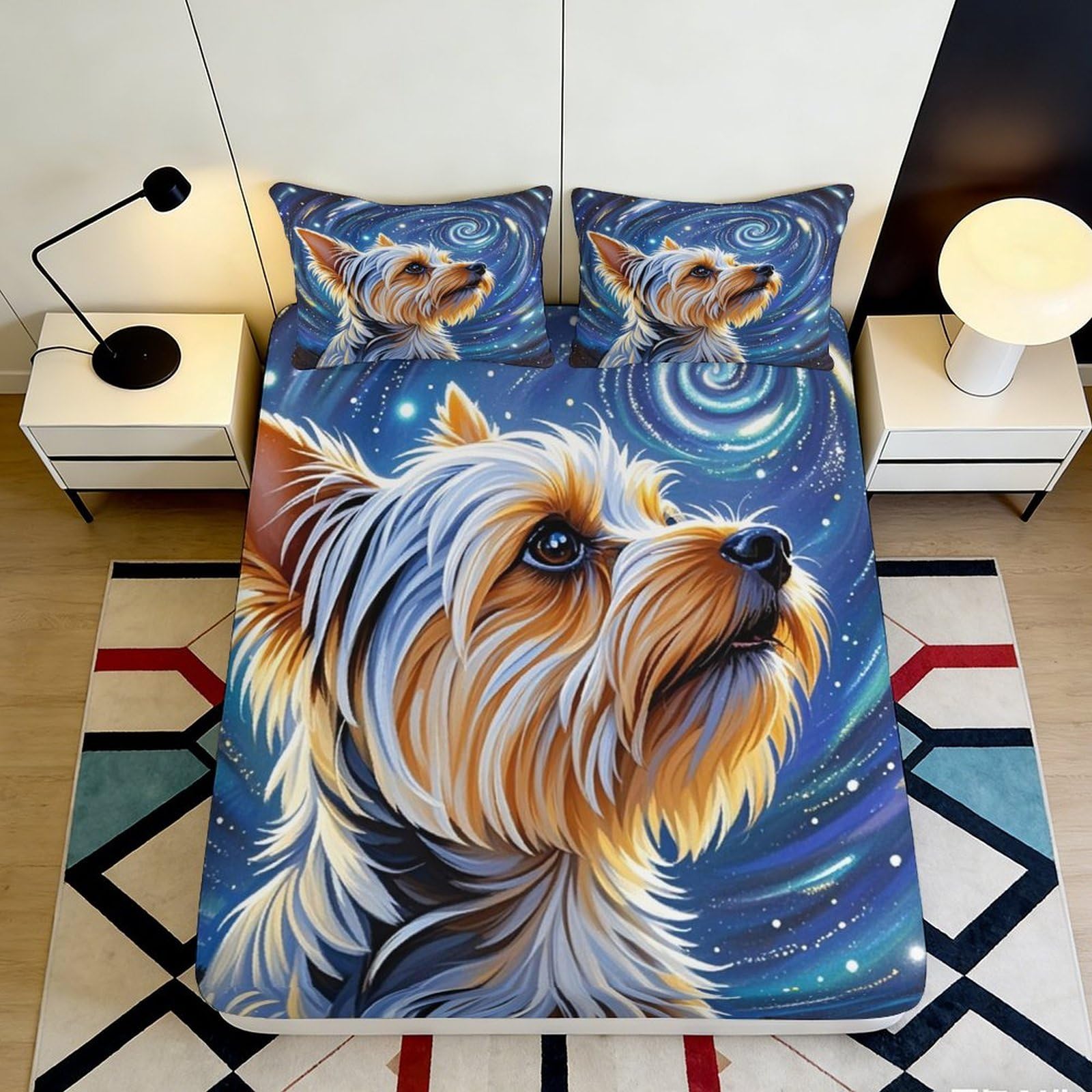 3D Printed Yorkshire Terrier Starry Sky Fitted Sheet Microfiber Breathable Cosmic Swirl Mattress Cover for Bedroom Decor 90x200x25cm