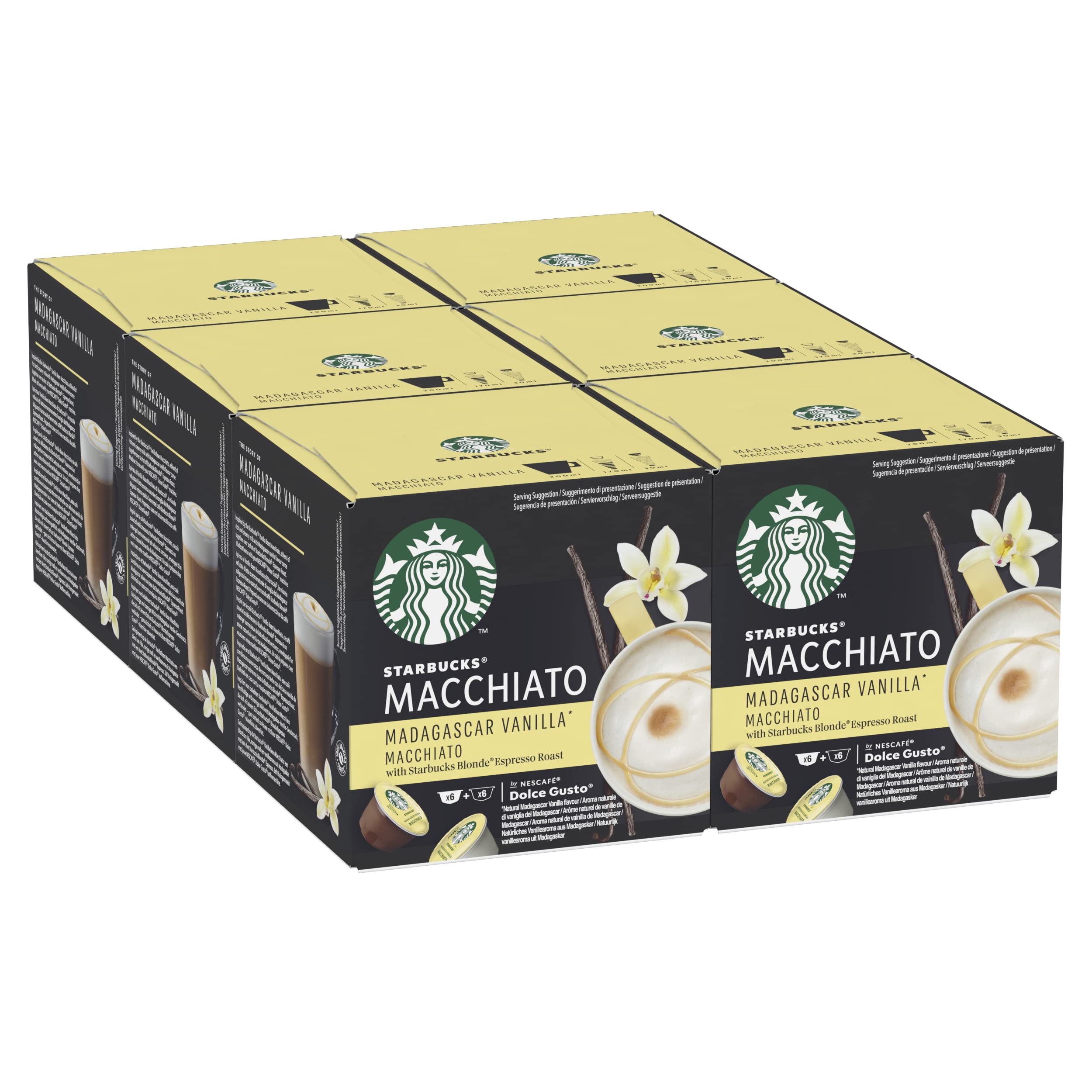 STARBUCKS Caramel Macchiato De Nescafe Dolce Gusto Cápsulas De Café 6 X Caja De 12 Unidades & Vanilla Latte Macchiato de Nescafe Dolce Gusto Cápsulas de Café, 6 x caja de 12 unidades