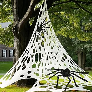 1000 Sqft (After Stretched with Holes) Giant Spider Web Halloween, Stretchy Spider Web Halloween Decorations, Cut-Your-Own Gauze Beef Netting Roll Spider Web for Yard Party Decor (White)