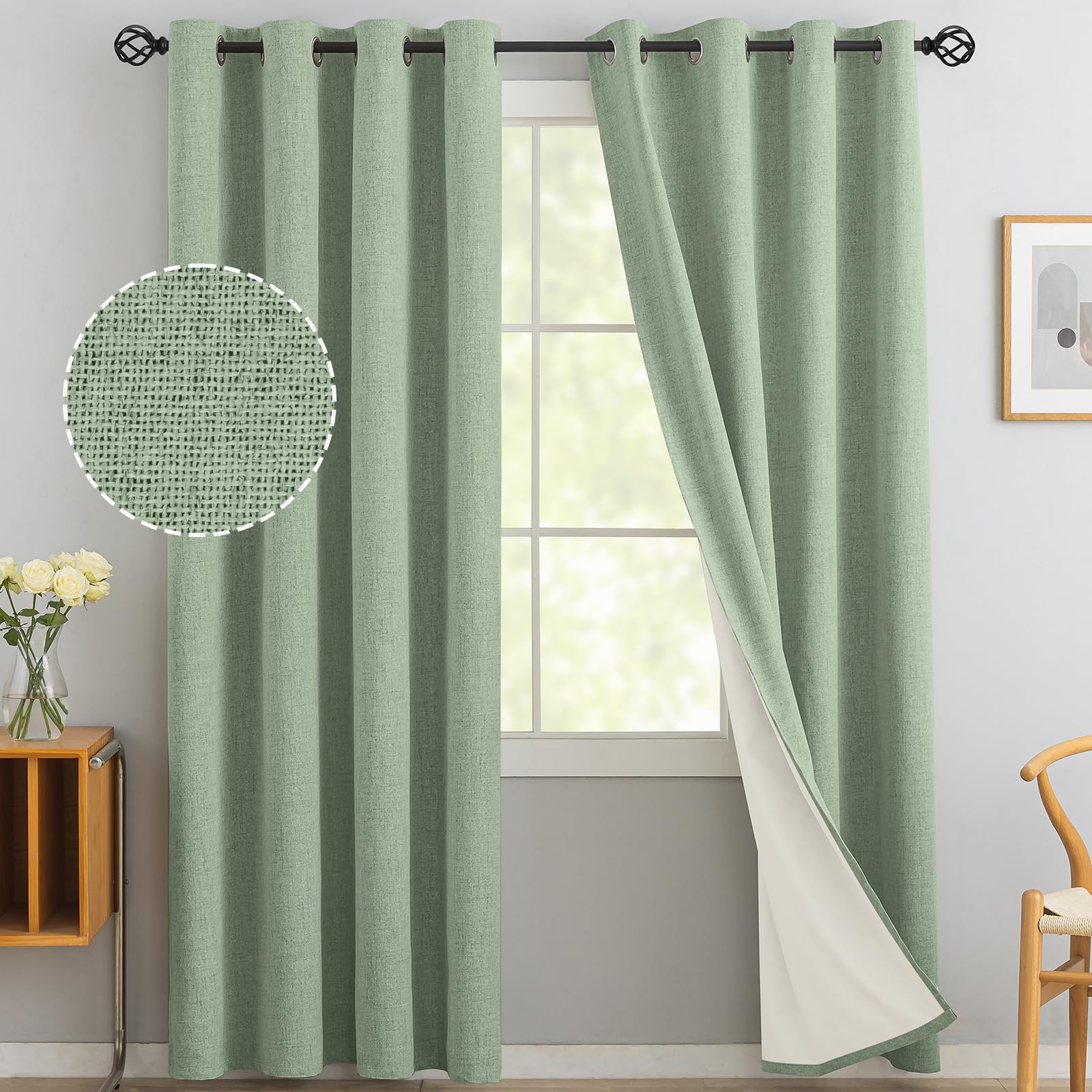 Yakamok Light Sage Green Linen Curtains 100% Blackout 84 Inches Long,Room Darkening Textured Curtains for Living Room Thermal Grommet Bedroom Curtains