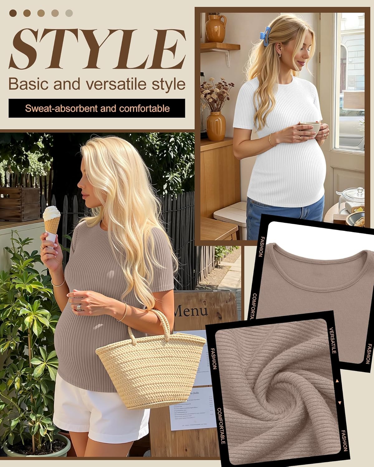 3 Pack Womens Maternity Shirts Short Sleeve Ribbed Knit Pregnancy Tunic Top Soft Crew Neck Casual Maternity Clothes