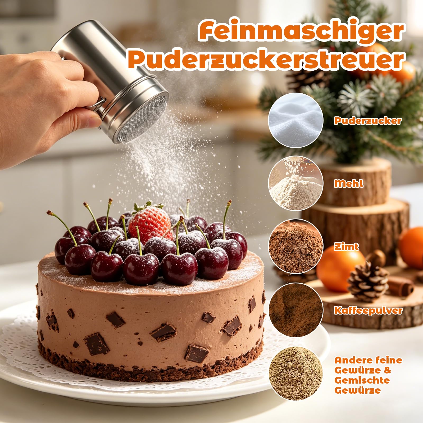 2 Stück Puderzuckerstreuer 304 Edelstahl, Mehlstreuer mit Griff & Deckel, Kakaostreuer für Cappuccino, Staubzuckerstreuer Zimtstreuer, Puderzuckermühle zum Drehen, Mehlsieb Puderzuckersieb Feinmaschig