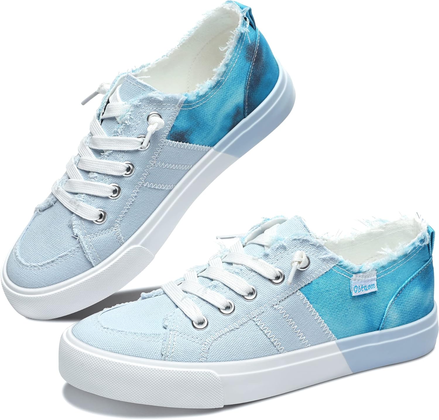 Obtaom Womens Colour Blocking Play Canvas Sneakers Cute Tie Dye Splicing Slip on Shoes Comfortable Multi Walking Shoes for Lady(Light Blue,US11)