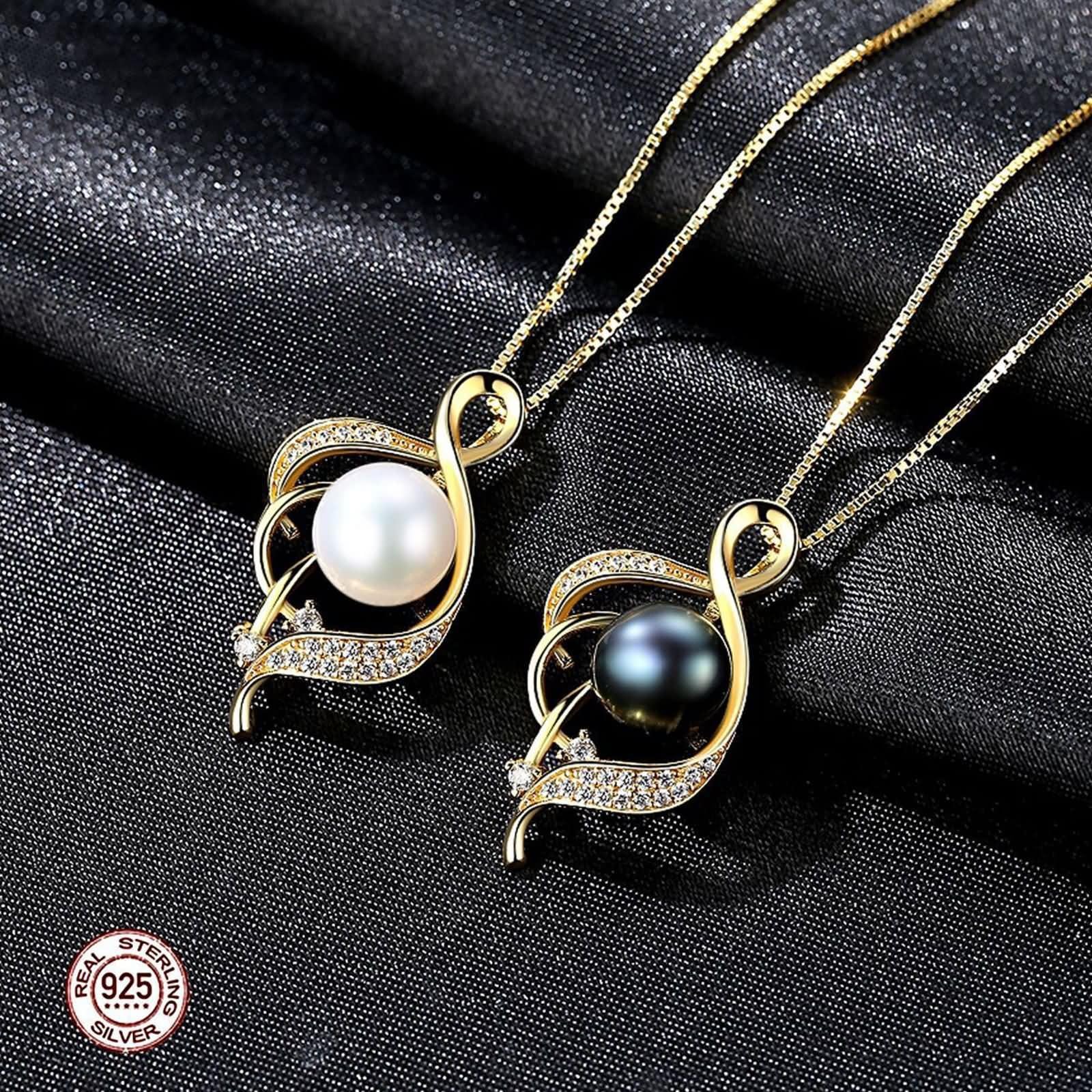 Collana Nero Donna,Collana Ciondolo Argento Sterling 925 Donna Geometria e Perla con Zirconia Cubica Donna Catena Collana Nero