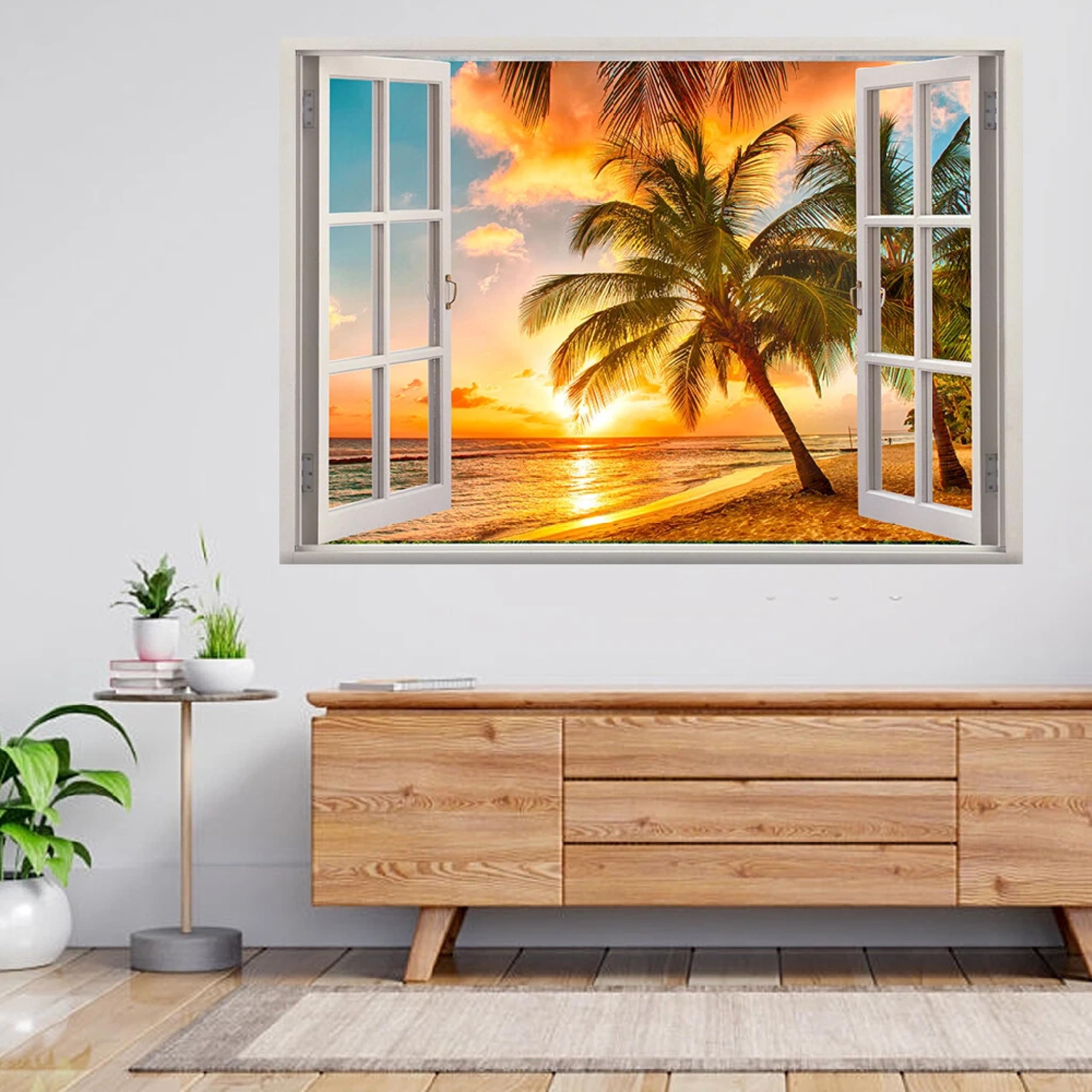 Wandtattoo 3D Durchbruch Wandaufkleber für Kinderzimmer Wandtattoos für Wohnzimmer Palmen-Sonnenuntergangsstrand Wandsticker Wandbild Junge Mädchen Schlafzimmer 58x101cm