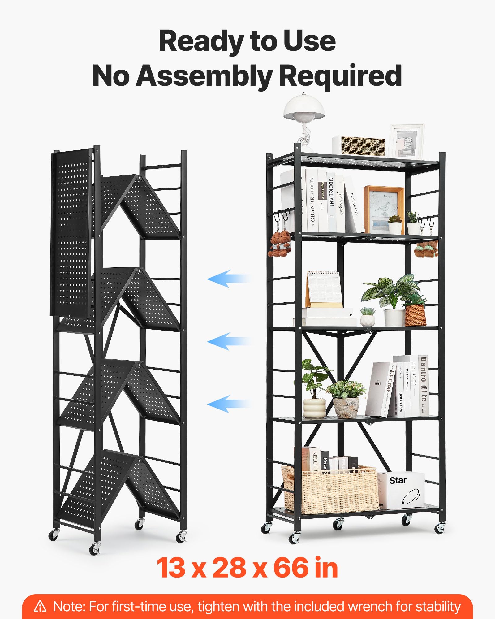 Scaffale pieghevole a 5 ripiani, in metallo resistente, nessun montaggio per dispensa, organizer per lavanderia, cucina, guardaroba