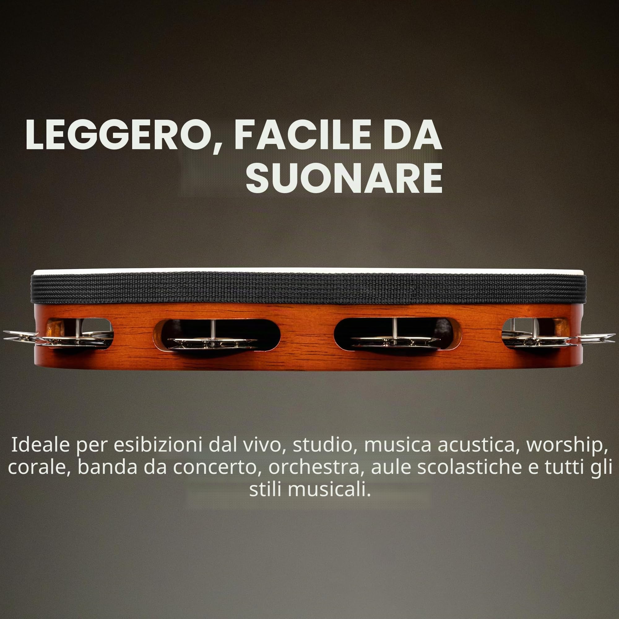 Meinl Percussion TAH1A-AB - Tamburello in legno con testa di Pelle e 1 Fila di sonagli d'alluminio nel telaio, Diametro: 25,40 cm (10''), Colore marrone