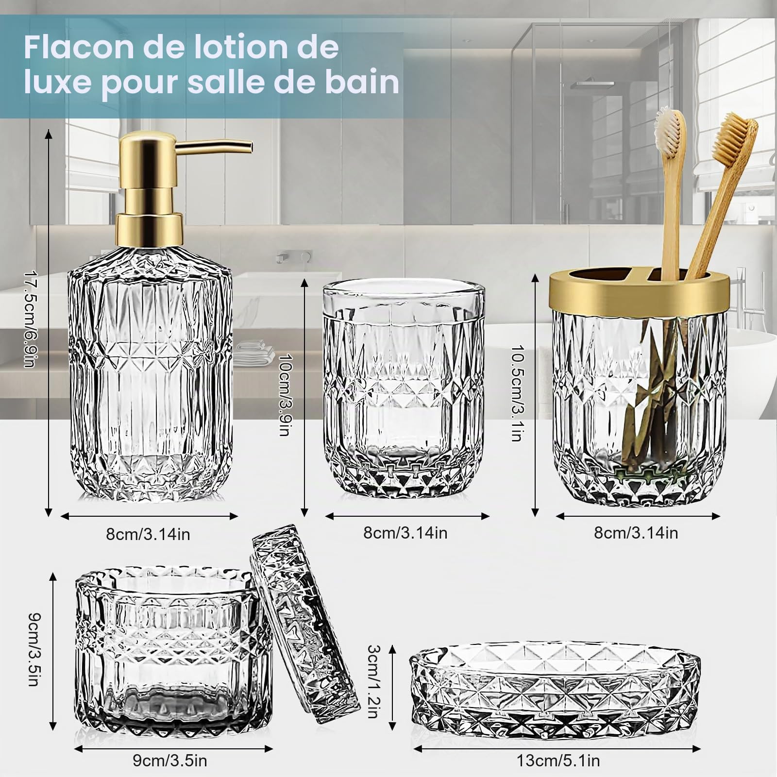 Lot de 5 accessoires de salle de bain en verre - Distributeur de lotion, porte-savon, porte-brosse à dents, gobelet, cotons-tiges - Pour salle de bain moderne - Cadeau vintage