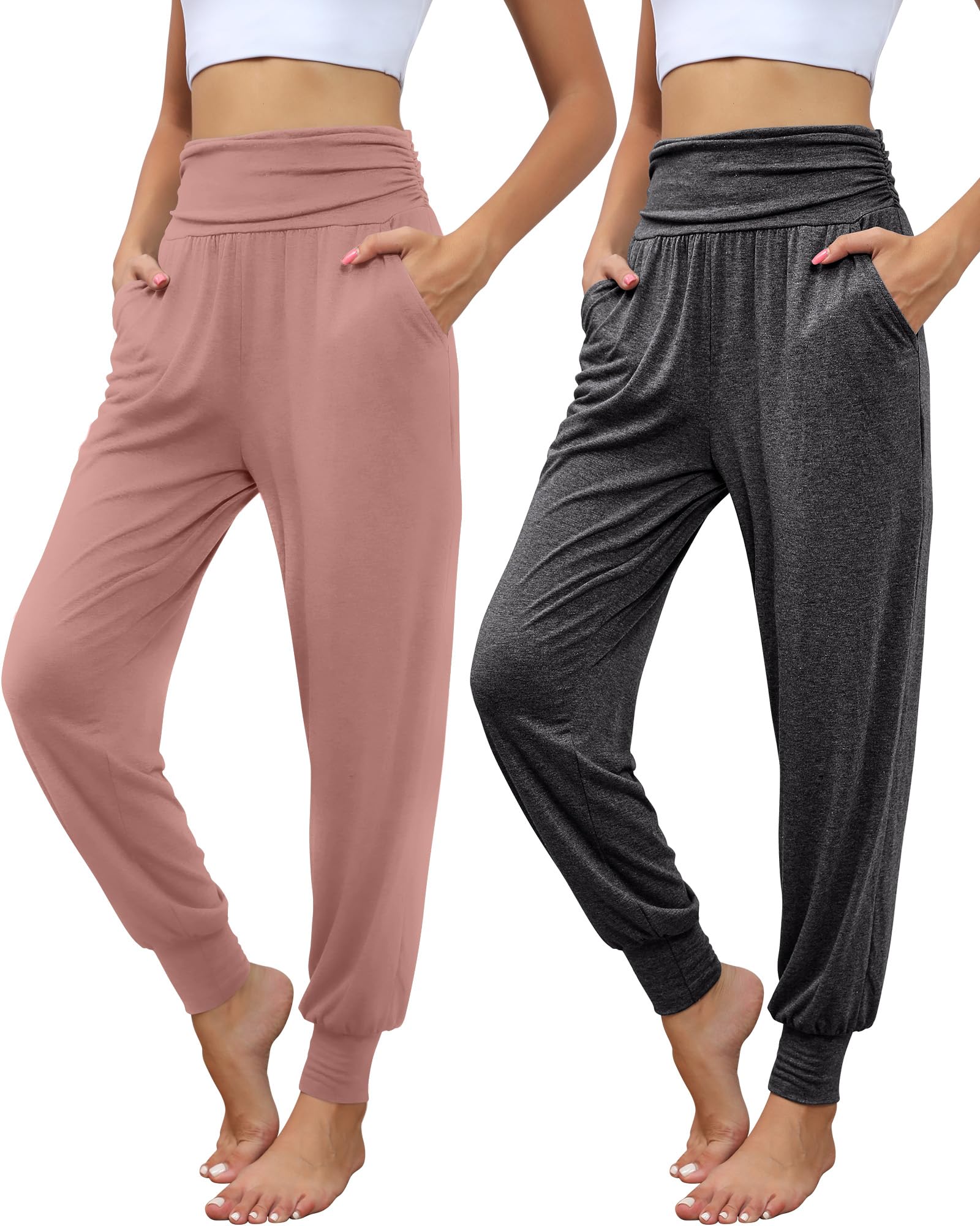 Tenare Lot de 2 Pantalons de Yoga Jogging Femme, Coupe Ample Décontractée avec Poches, Taille Haute Confortable