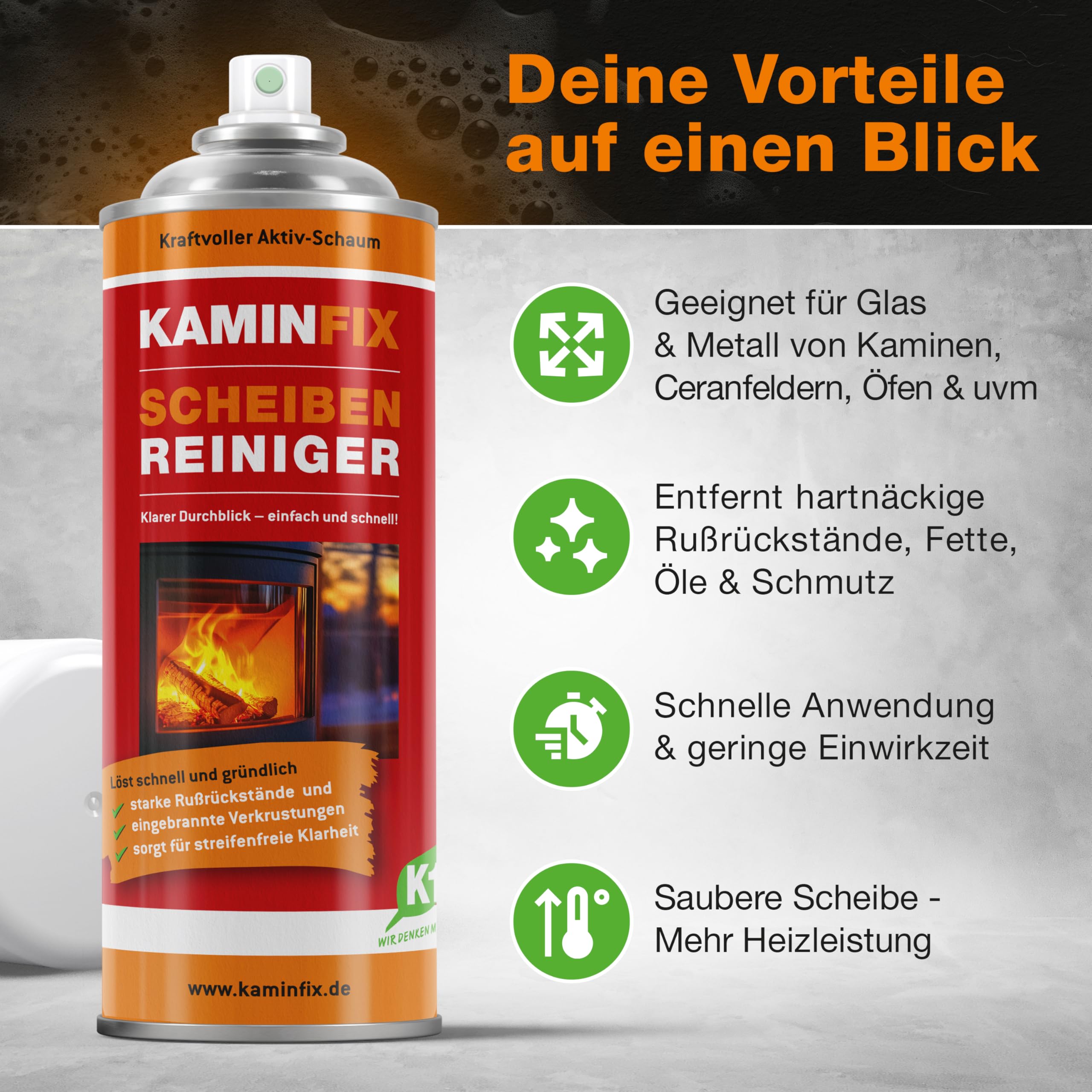 Kaminscheibenreiniger - Kraftvoller Kaminglasreiniger & Ofenglasreiniger für porentiefe Sauberkeit auf Glas & Metalloberflächen - Kaminglasreiniger extra stark - Kaminreiniger (1x400ml Dose)