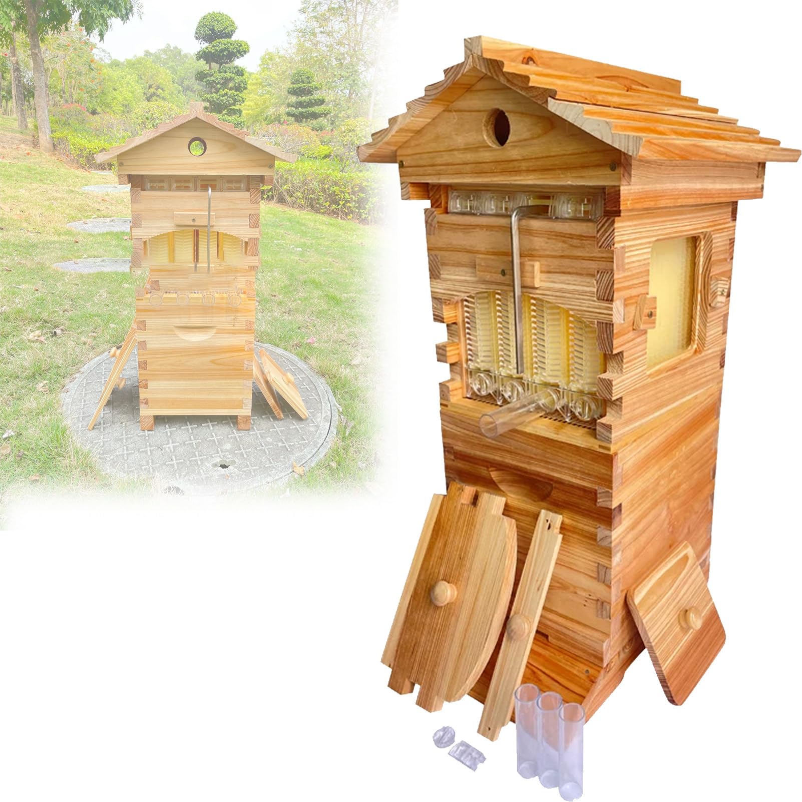 Pnpaea Complete Beekeeping Bee Box, Beehive Starter kit, Wooden Bee Hive House Beehive Box with Automatic Hive Flowing Frames,for Beekeeping,Garden Pollinators