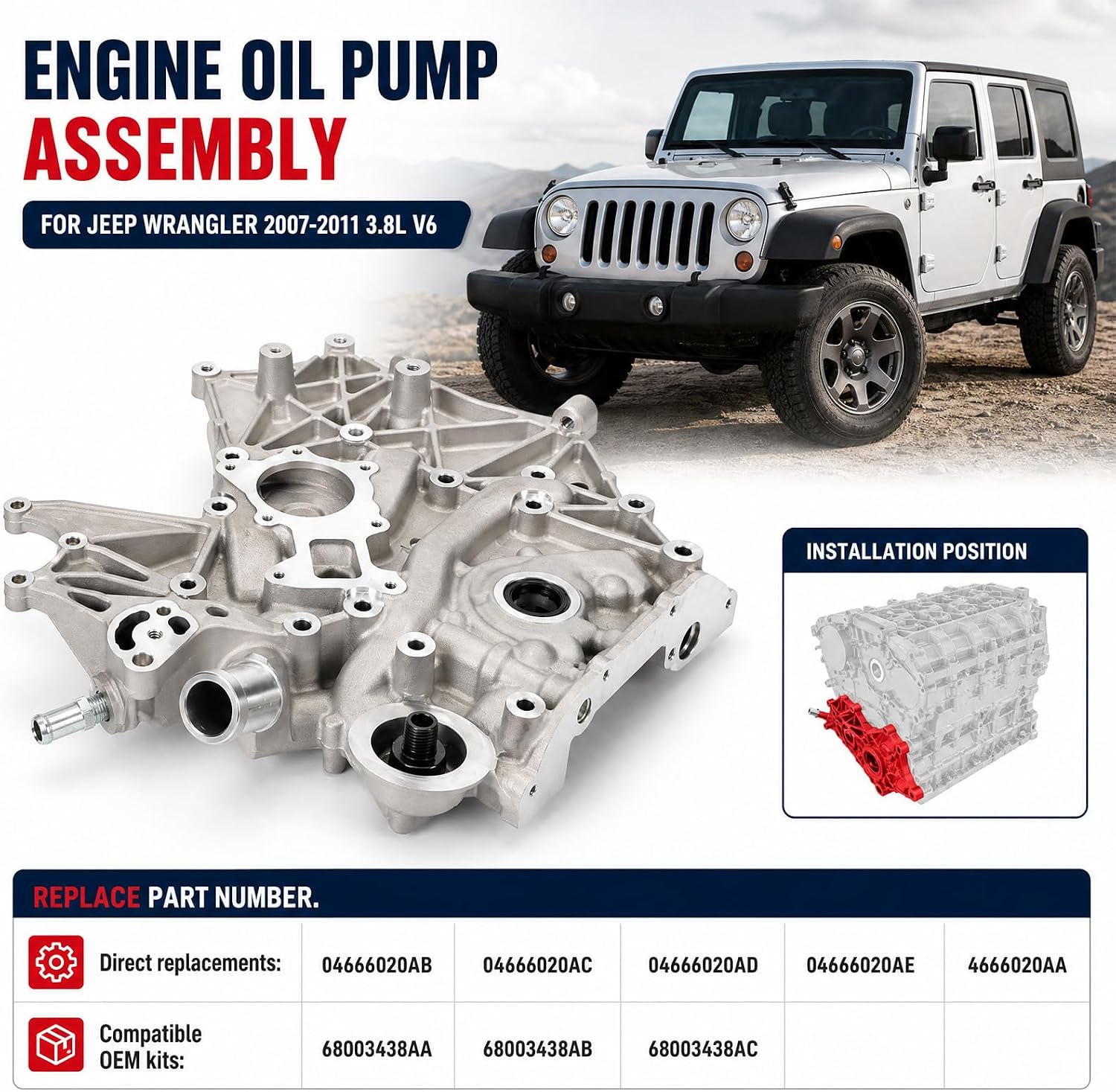 04666020AA Engine Timing Cover Assembly Compatible with 3.8L V6 Jeep Wrangler JK JKU JKUR 2007-2011 Replaces 04666020AB 04666020AC 68003438AA 68003438AB 68003438AC