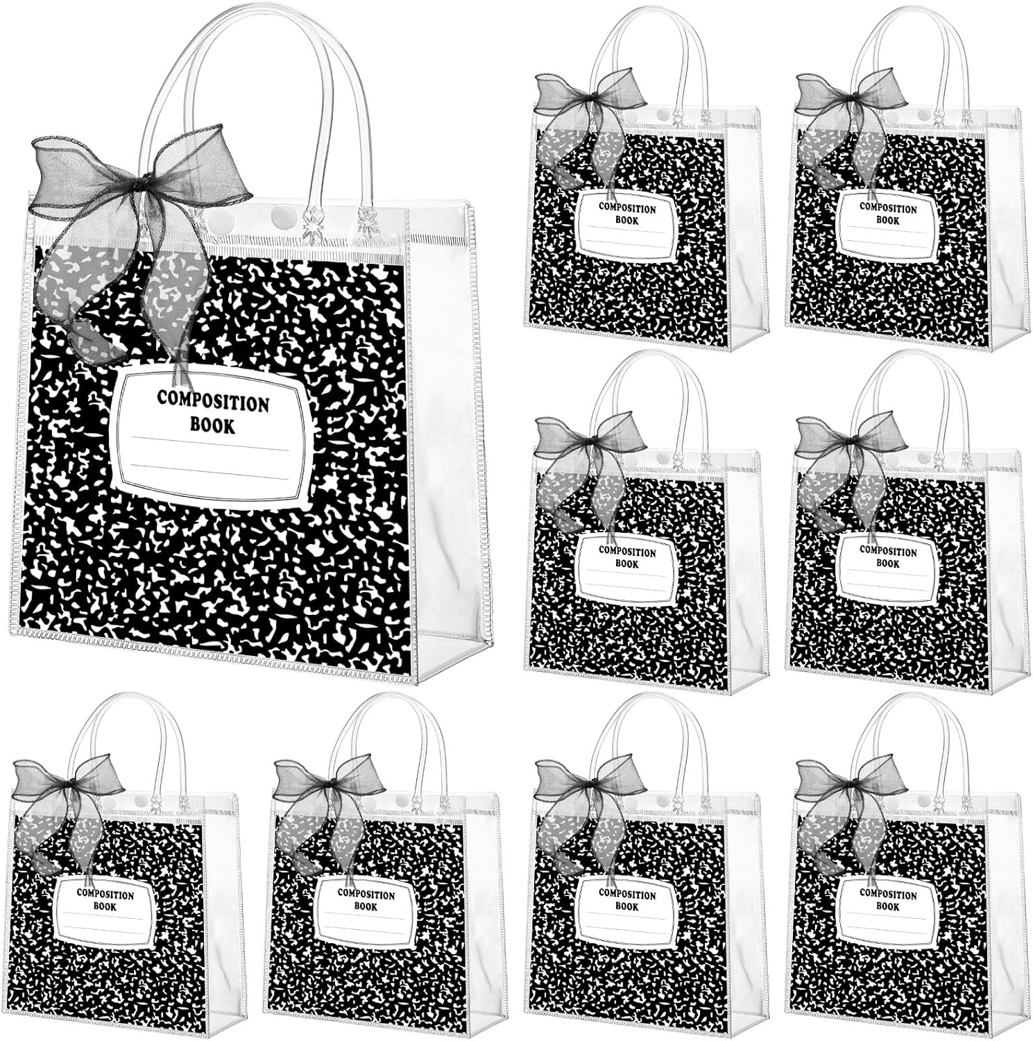 Motipuns 24 Pcs Back to School Clear PVC Gift Bags with Handles and Ribbon Reusable Plastic Workbook Style Tote Bags First Day of School Party Favor for Birthday Baby Shower Classroom Party Supplies