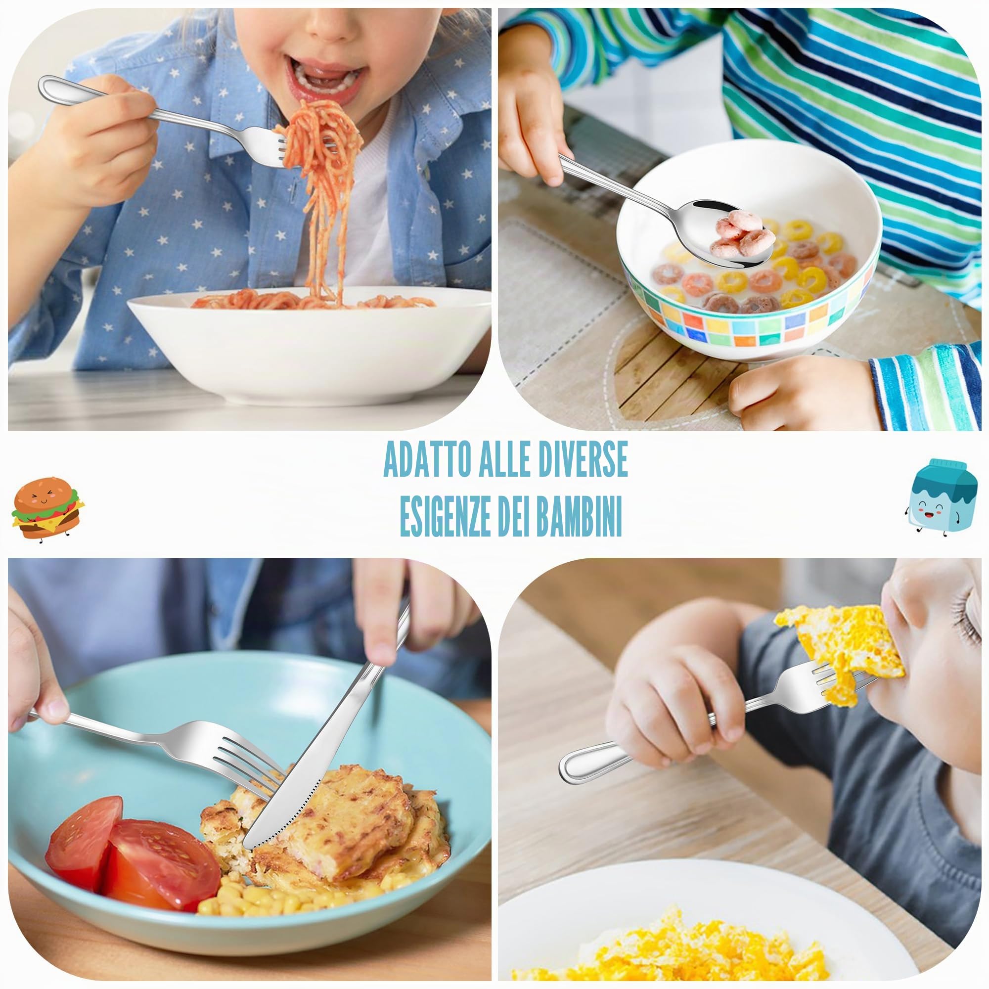 HaWare Set di 8 posate per bambini in acciaio inox (16, linee semplici)