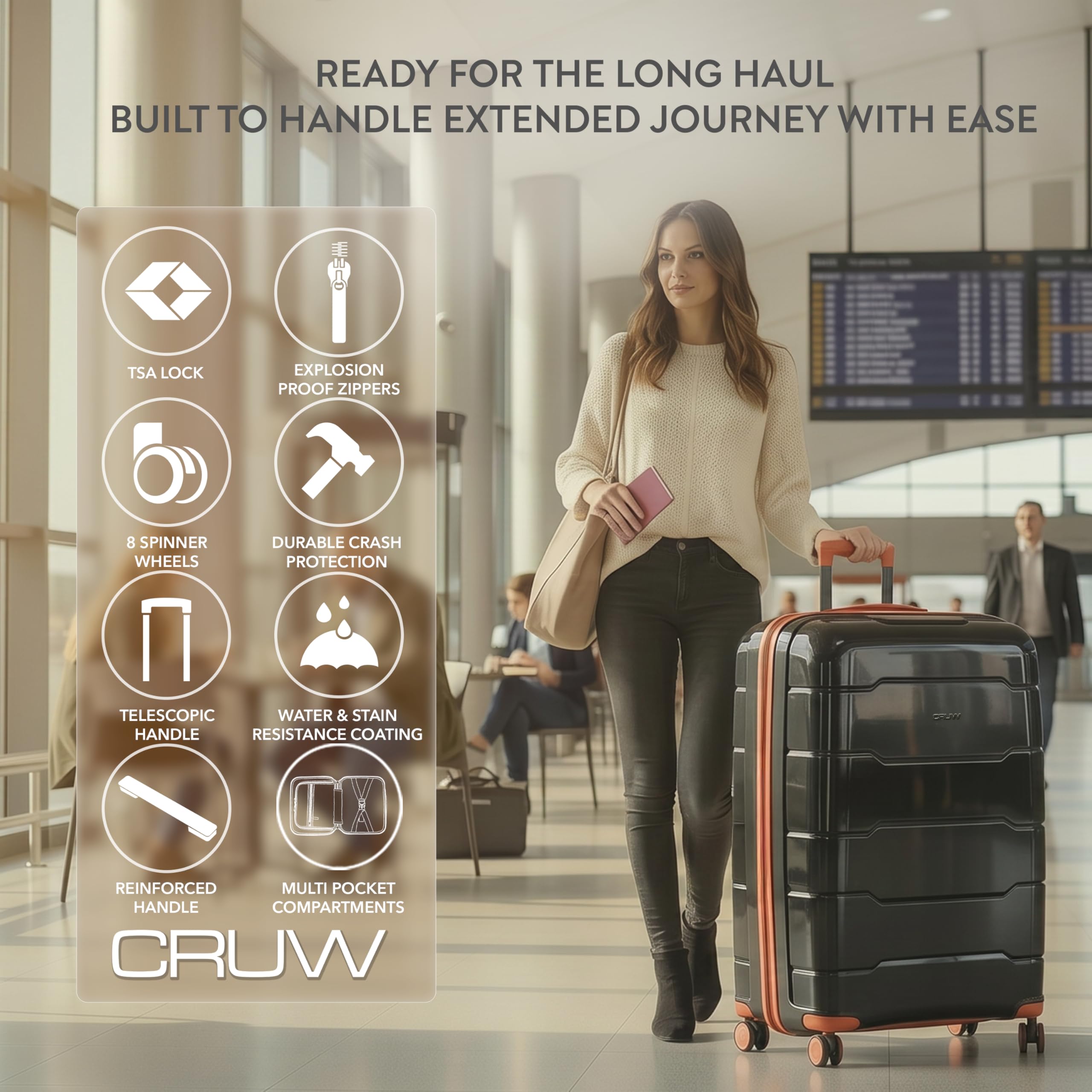 CRUW Extra Large 32" Checked Luggage 85x57x37cm + Expandable Hold Baggage (165/176 Liters) Polypropylene Suitcase TSA Approved Lock 8 Silent Spinner Wheels Lightweight Suitcases Airline Travel