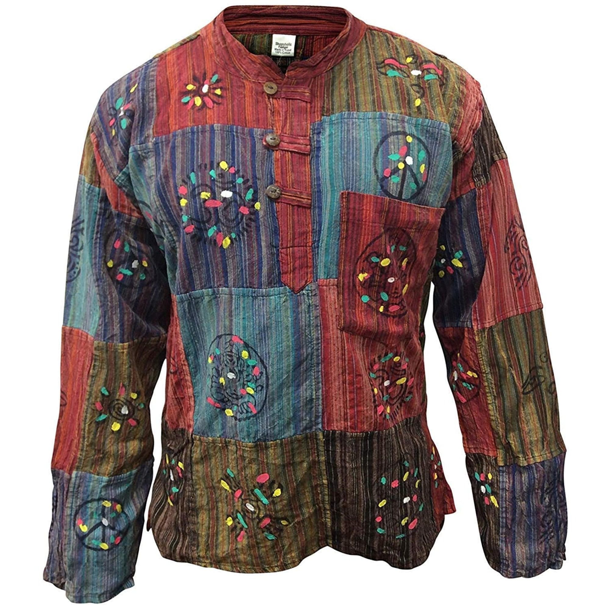 SHOPOHOLIC FASHION Men Striped Patchwork Hippie Festival Grandad Shirt, 3XL Multicoloured